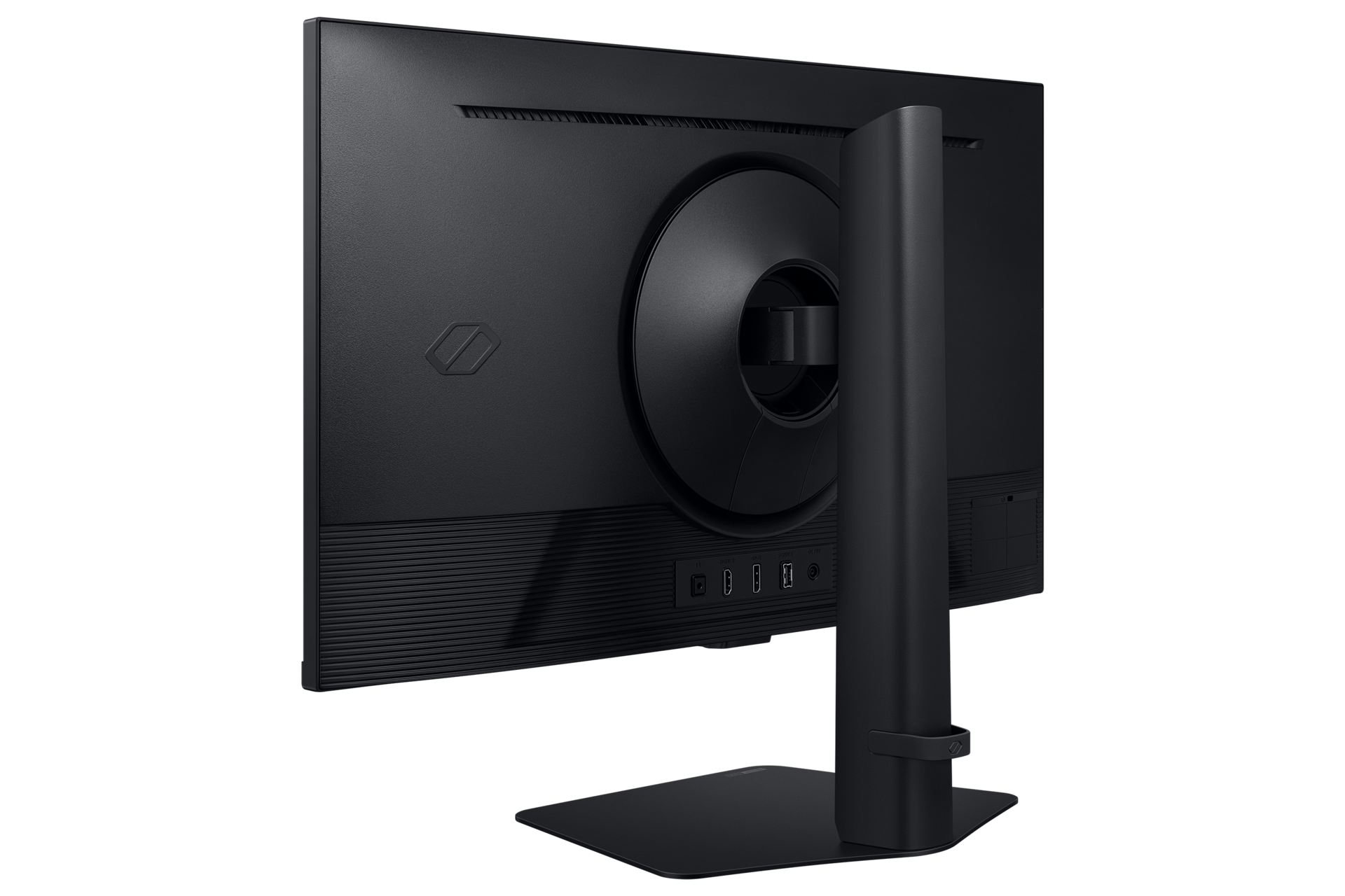 Rückseite eines schwarzen Monitors mit Anschlussfeld und Ständer.