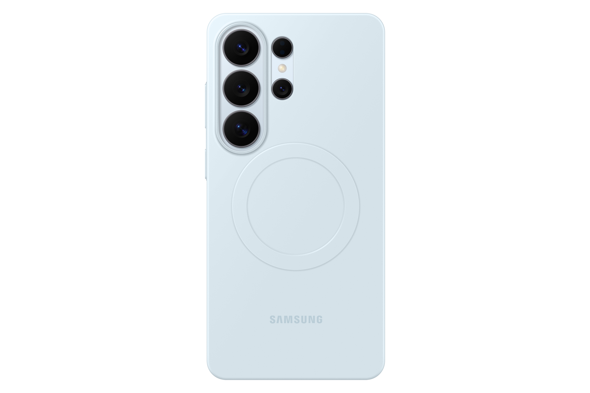 Jasnoniebieski telefon Samsung z trzema obiektywami u góry i okrągłym wzorem.