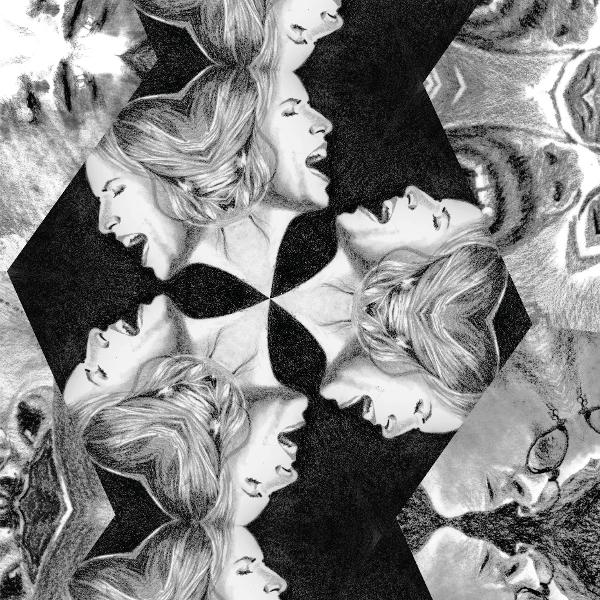 Schwarz-weiße Collage von Frauenköpfen, die schreien, symmetrisch angeordnet.