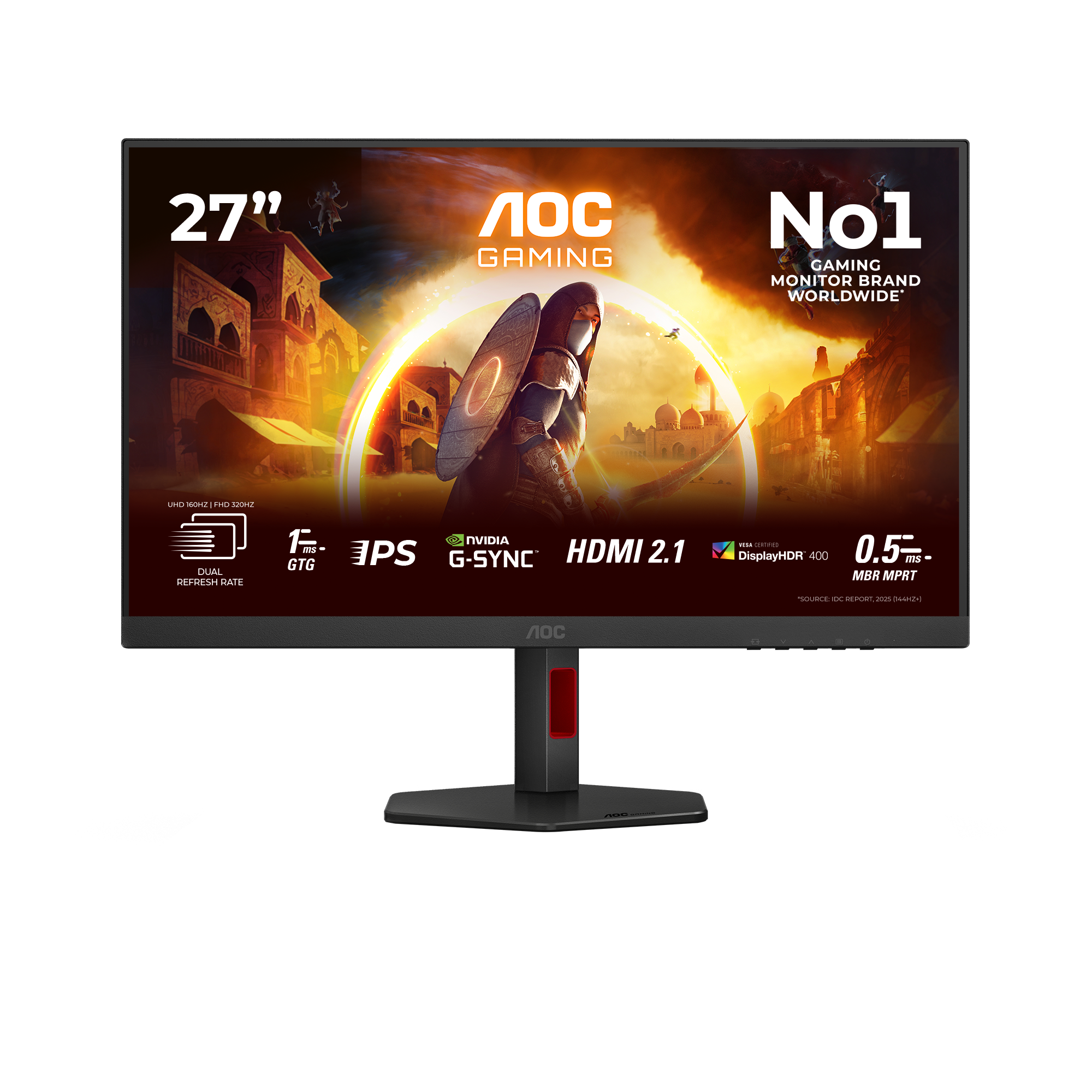 27-Zoll AOC Gaming Monitor mit Krieger-Grafik, UHD 160Hz/FHD 320Hz, 1ms, G-Sync, HDMI 2.1.