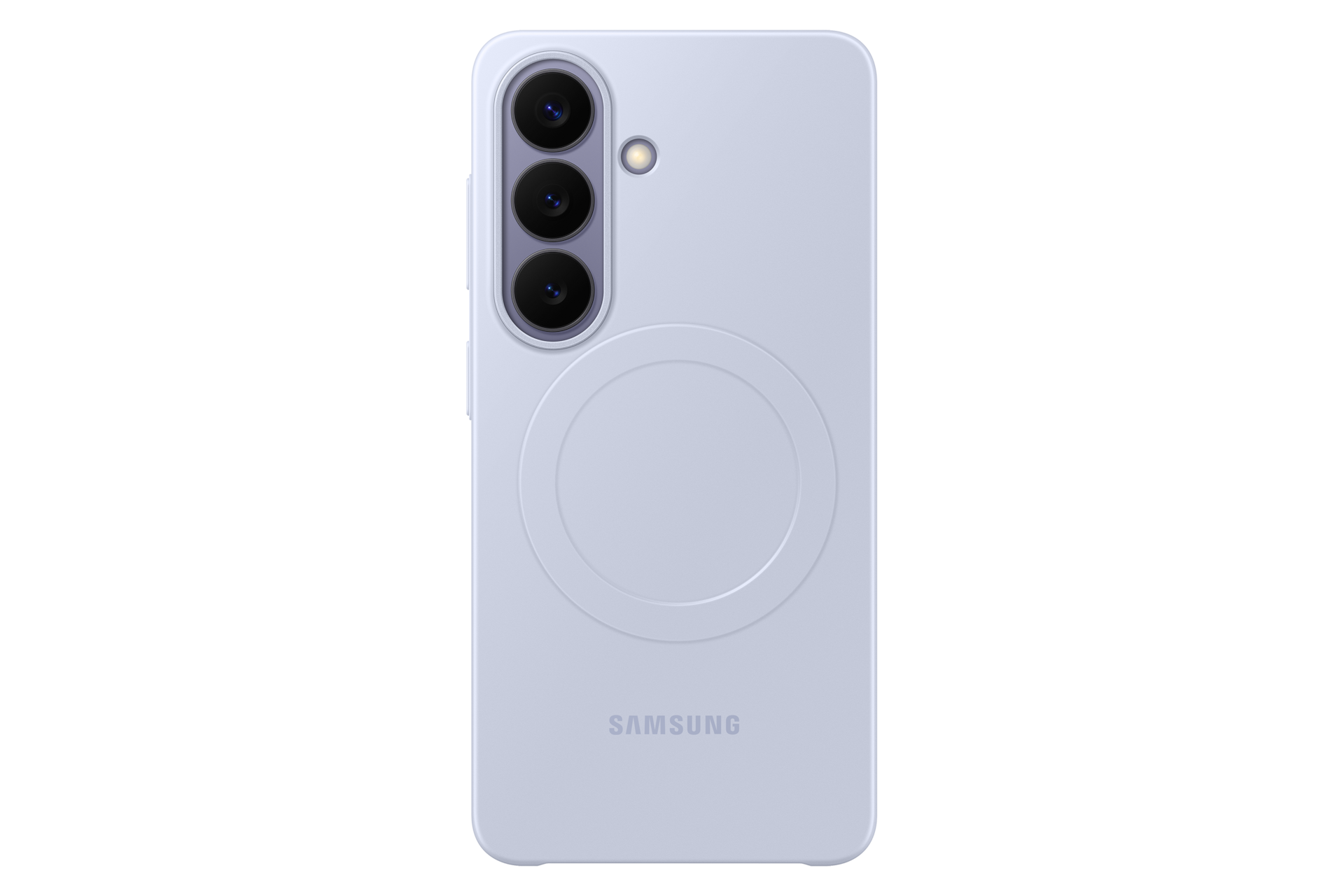 Jasnofioletowy smartfon Samsung z trzema aparatami i okrągłym obszarem ładowania.