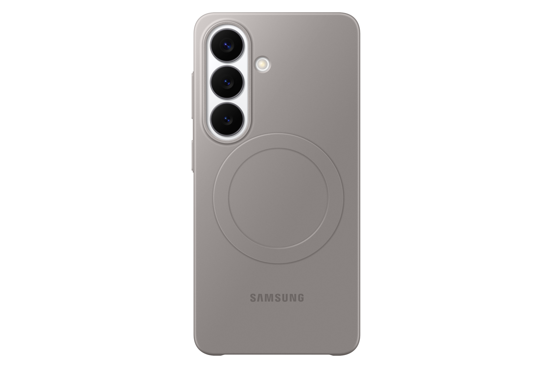 Szara obudowa telefonu z trzema aparatami i okrągłym wytłoczeniem. Logo Samsung na dole.