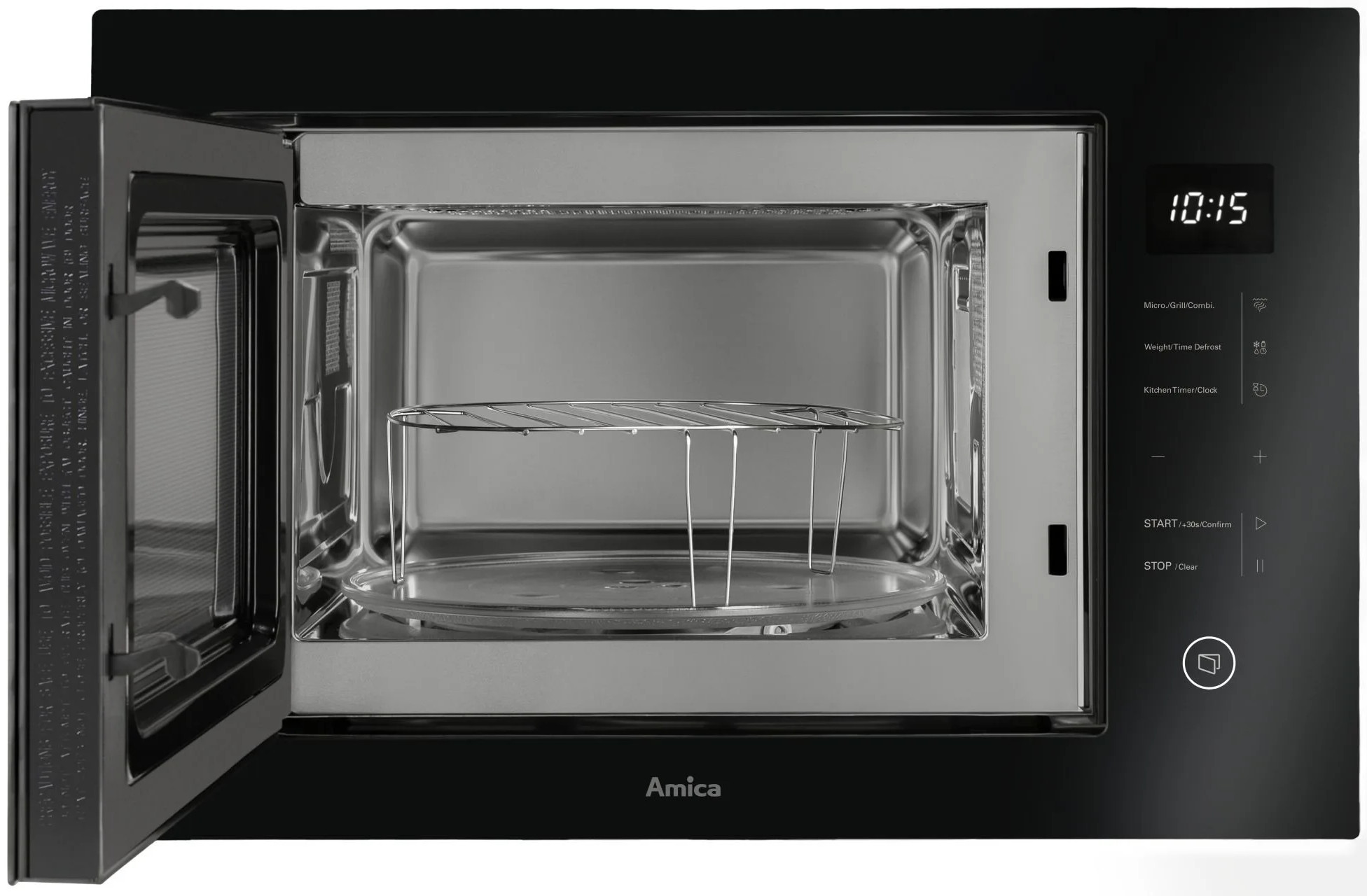 Czarna kuchenka mikrofalowa Amica z otwartymi drzwiami, talerzem obrotowym i rusztem.