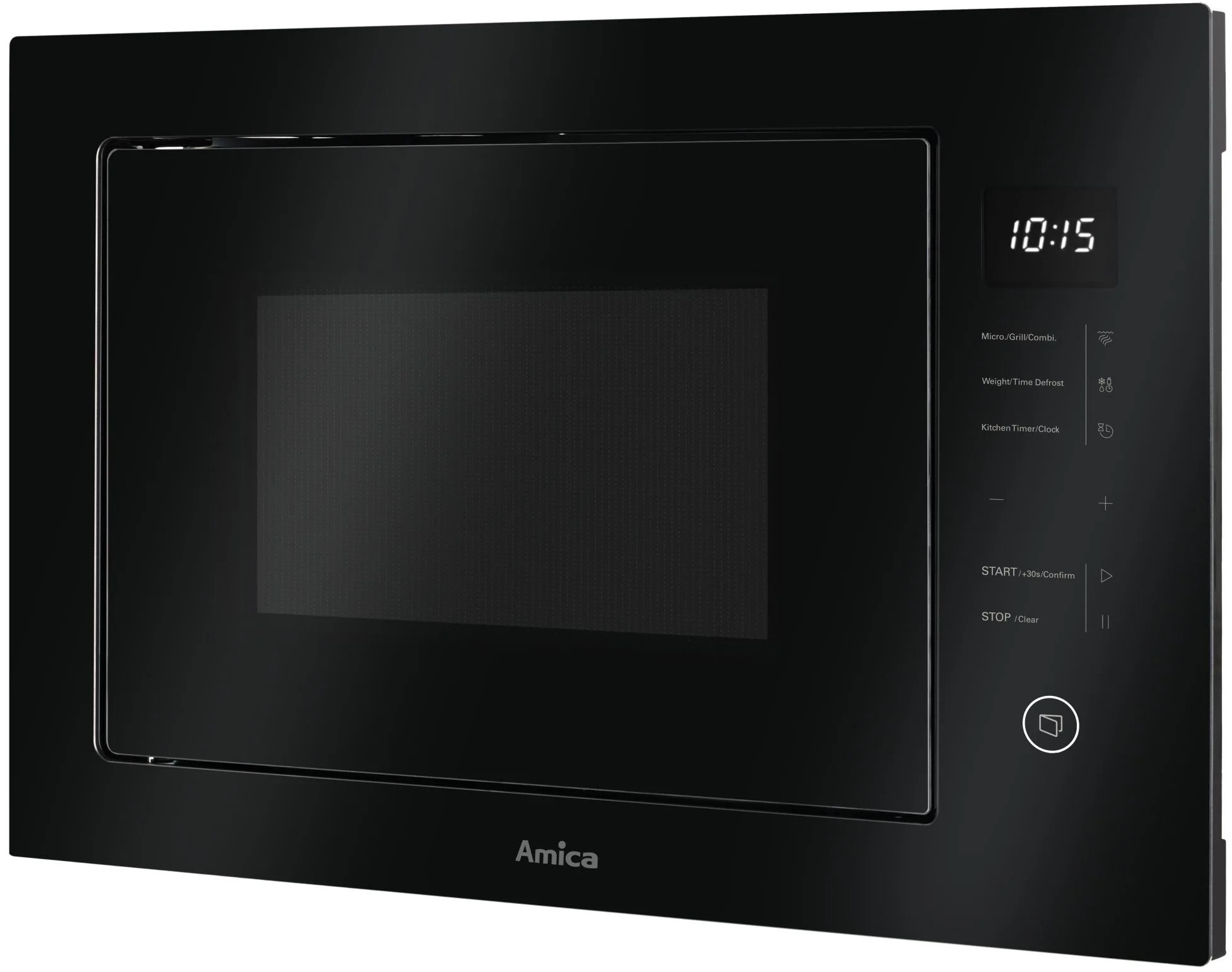 Czarna kuchenka mikrofalowa do zabudowy z cyfrowym wyświetlaczem czasu.