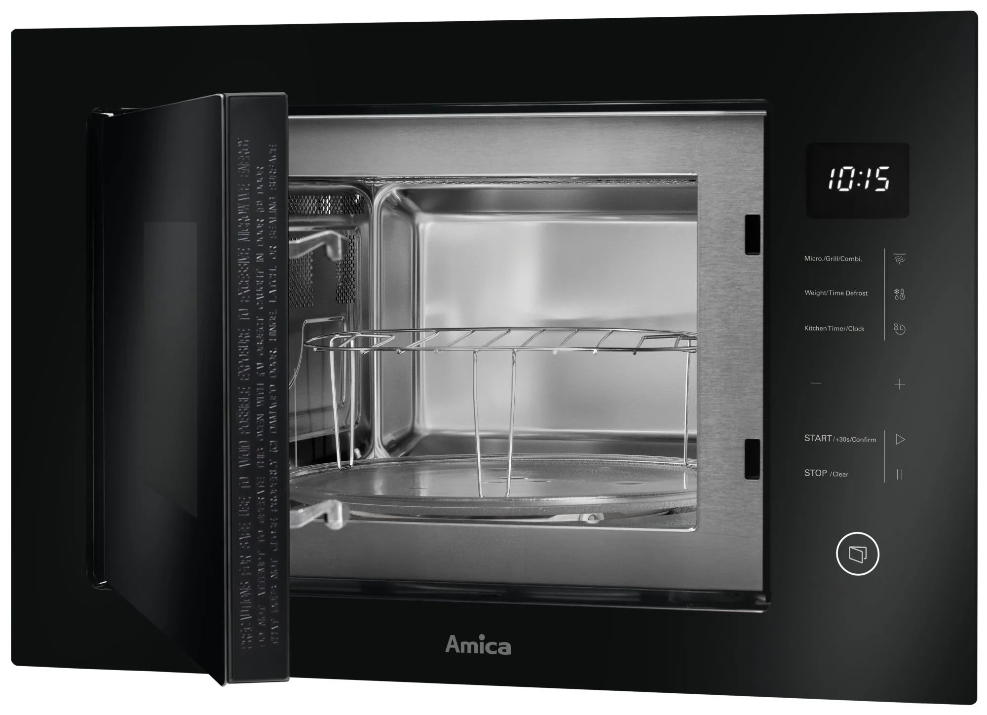 Czarny panel kuchenki mikrofalowej Amica z otwartymi drzwiami. W środku znajduje się ruszt.