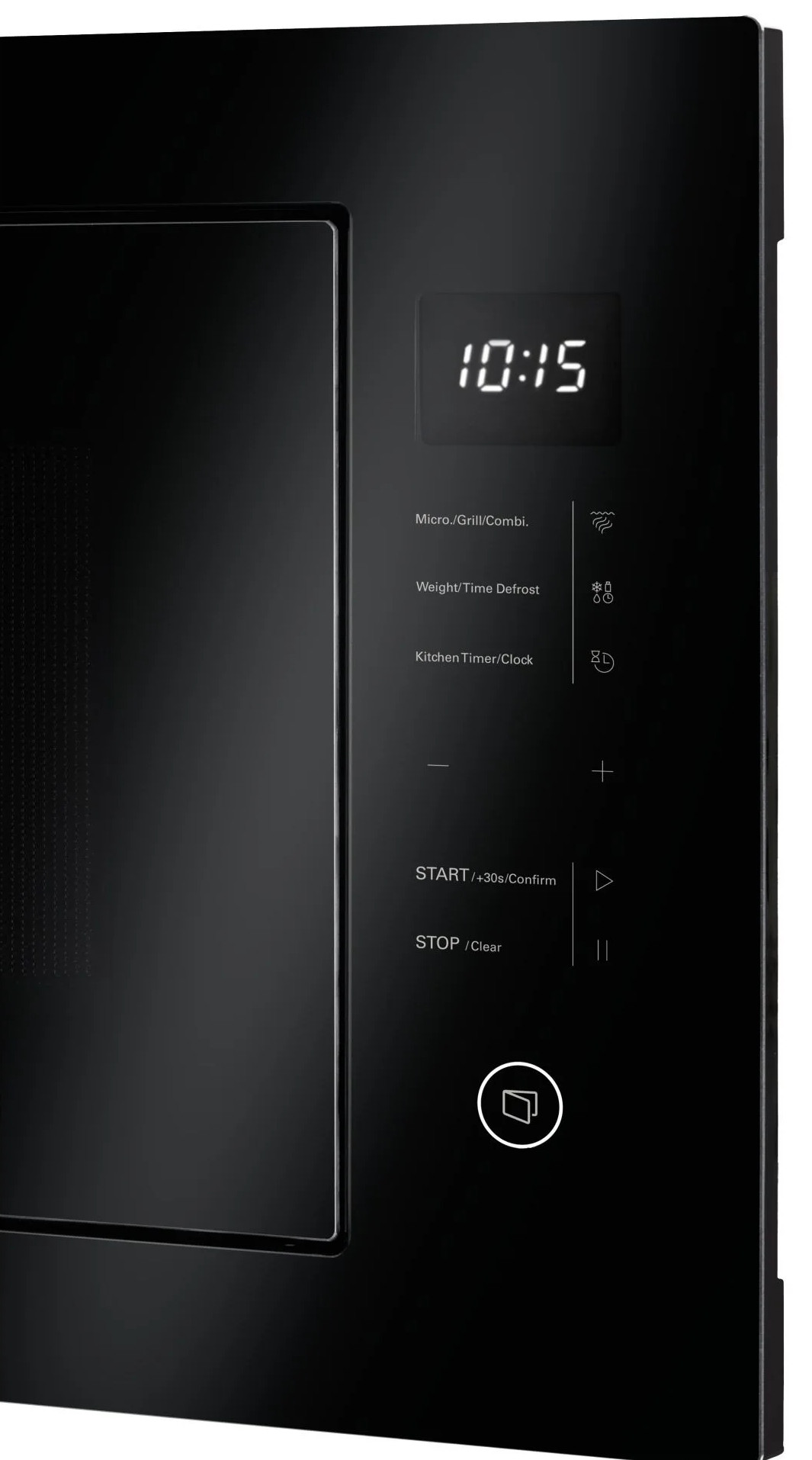 Czarna kuchenka mikrofalowa z cyfrowym wyświetlaczem 10:15 i przyciskami.