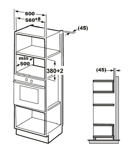 Rysunek techniczny piekarnika do zabudowy z wymiarami i półkami.