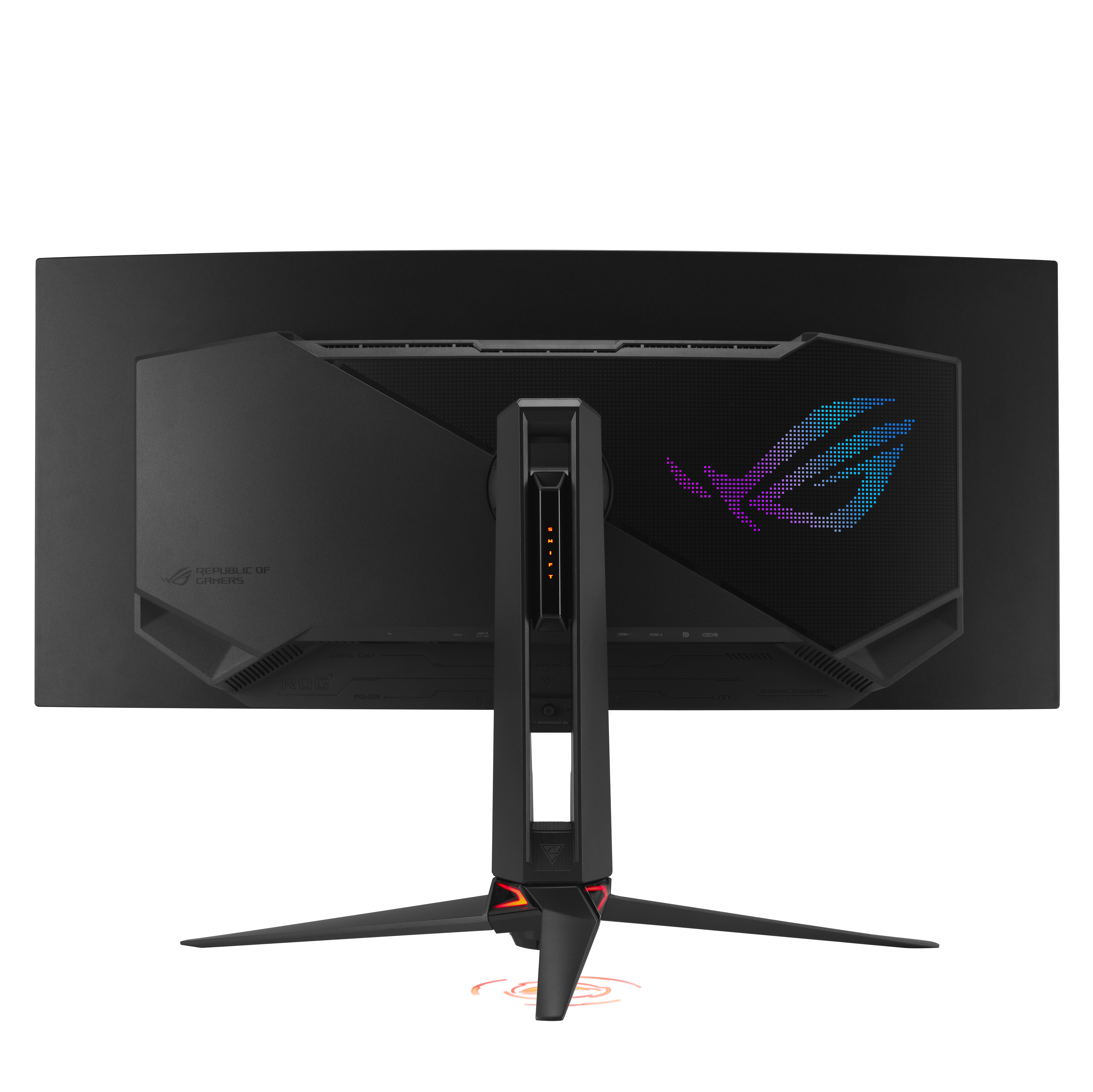 Rückseite eines schwarzen Monitors mit ROG-Logo und Ständer.