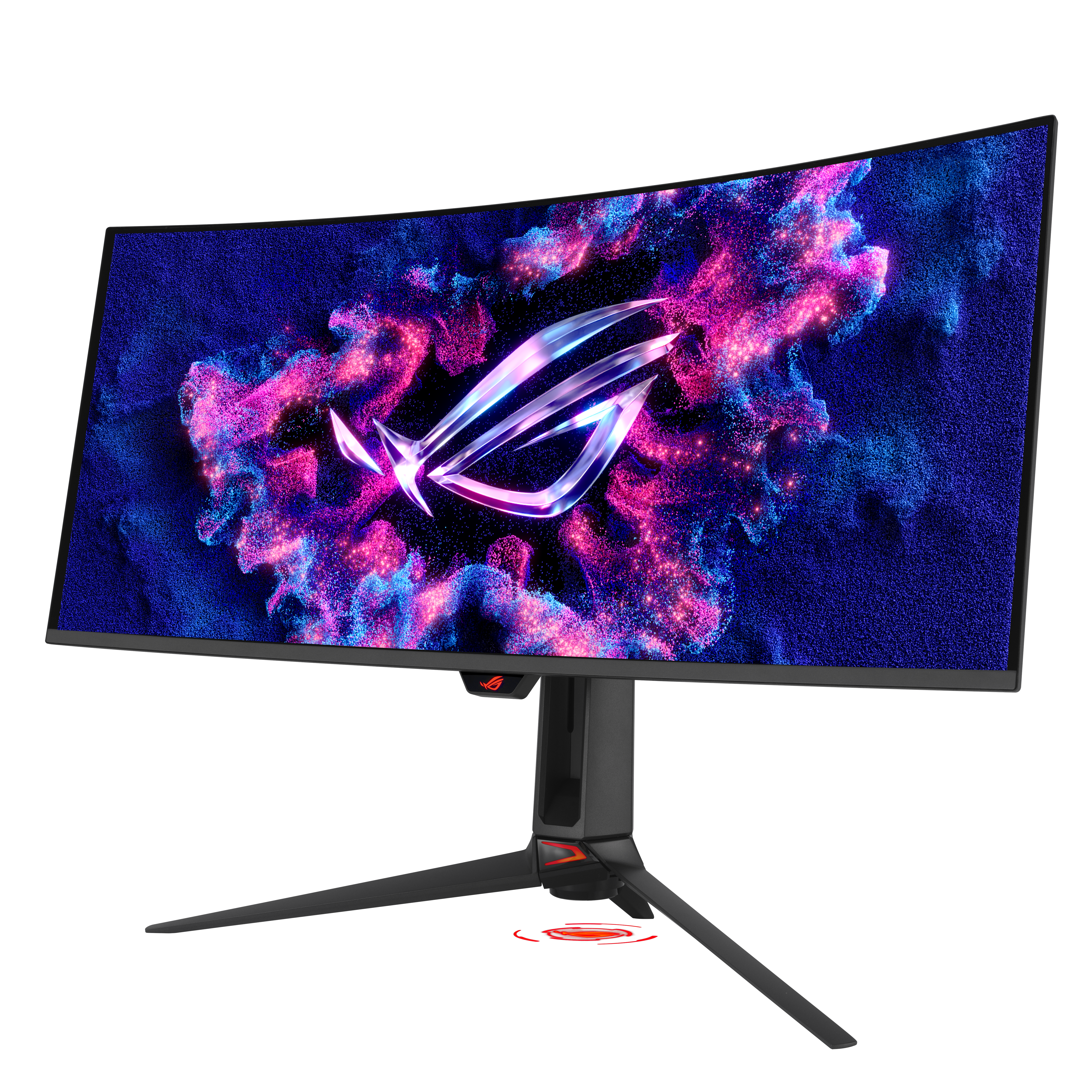 Ein gekrümmter Monitor mit dem ROG-Logo vor einem Hintergrund aus bunten Partikeln.