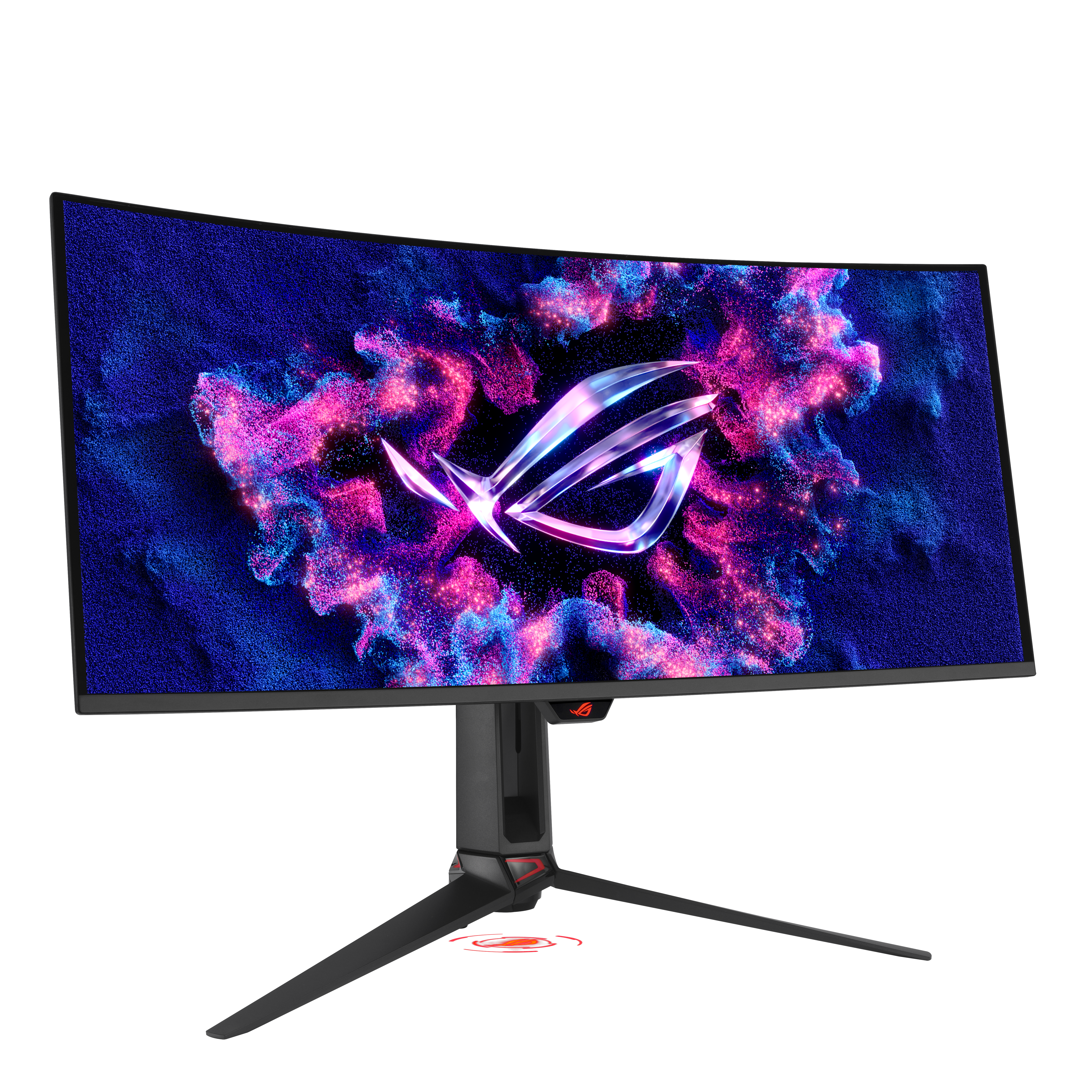 Ein gebogener Gaming-Monitor mit dem ROG-Logo und einem abstrakten Hintergrund.
