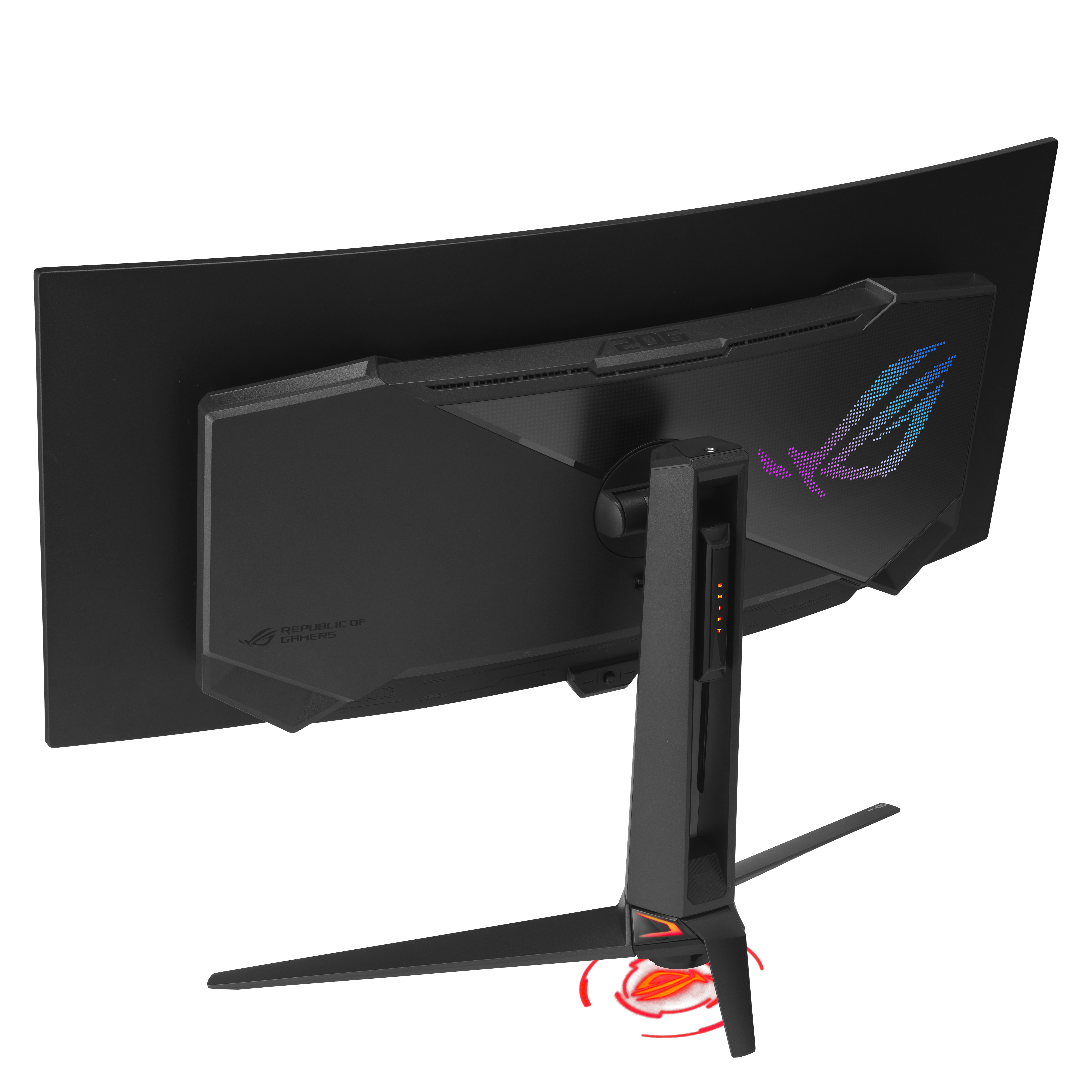 Rückseite eines schwarzen, gebogenen Monitors mit ROG-Logo und roten Akzenten.