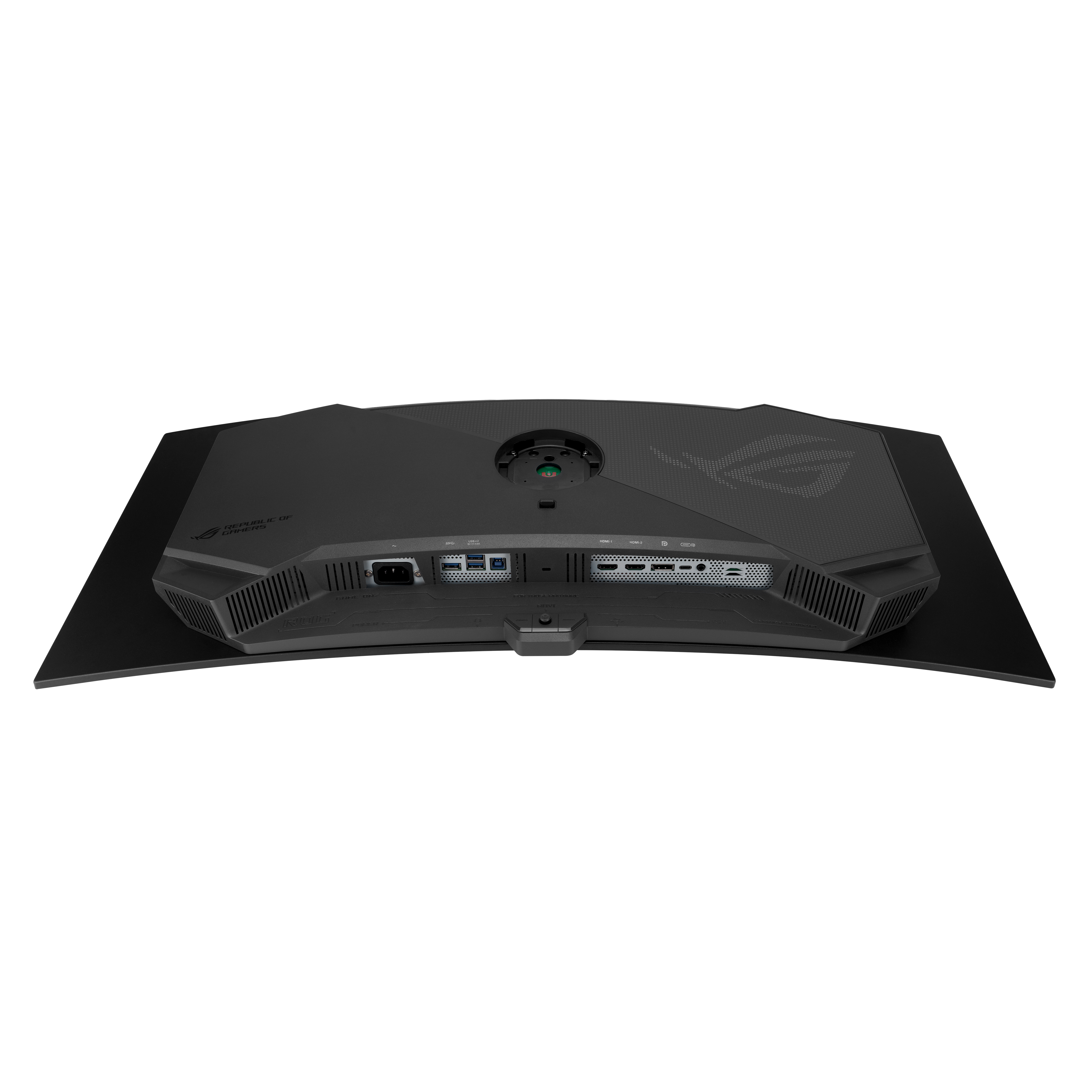 Rückseite eines schwarzen Monitors mit Anschlüssen und ROG-Logo.