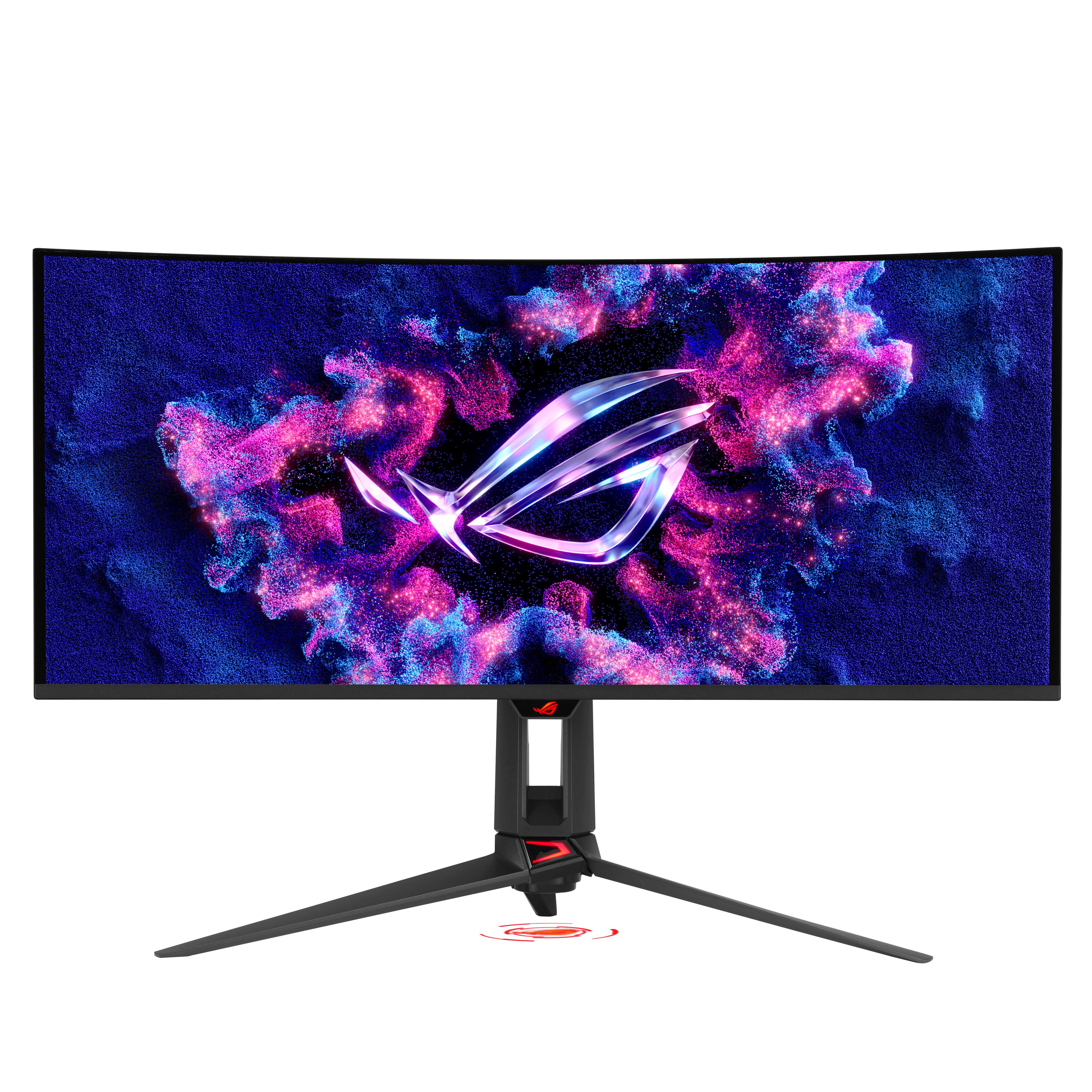 Ein gebogener Gaming-Monitor mit dem ROG-Logo vor einem kosmischen Hintergrund.