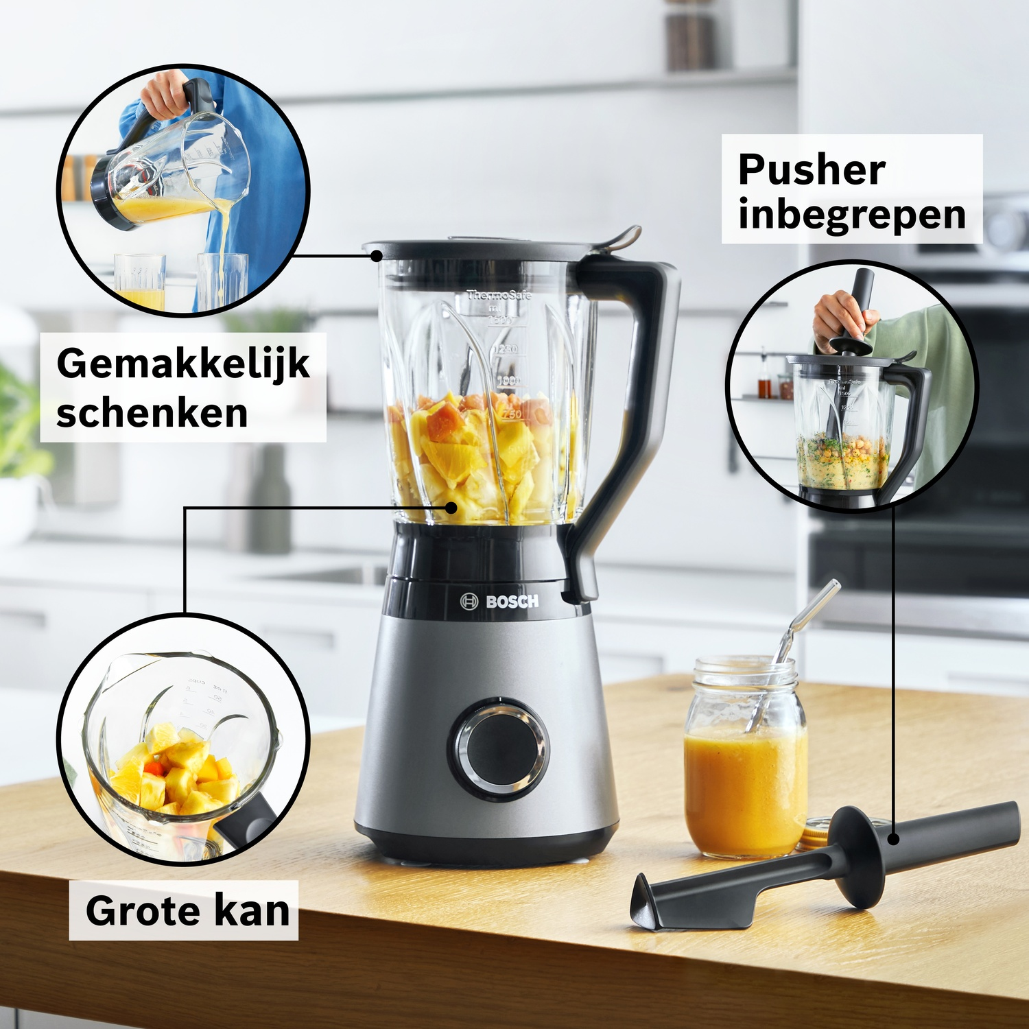 Bosch blender with fruit pieces, pouring juice, and a pusher tool.