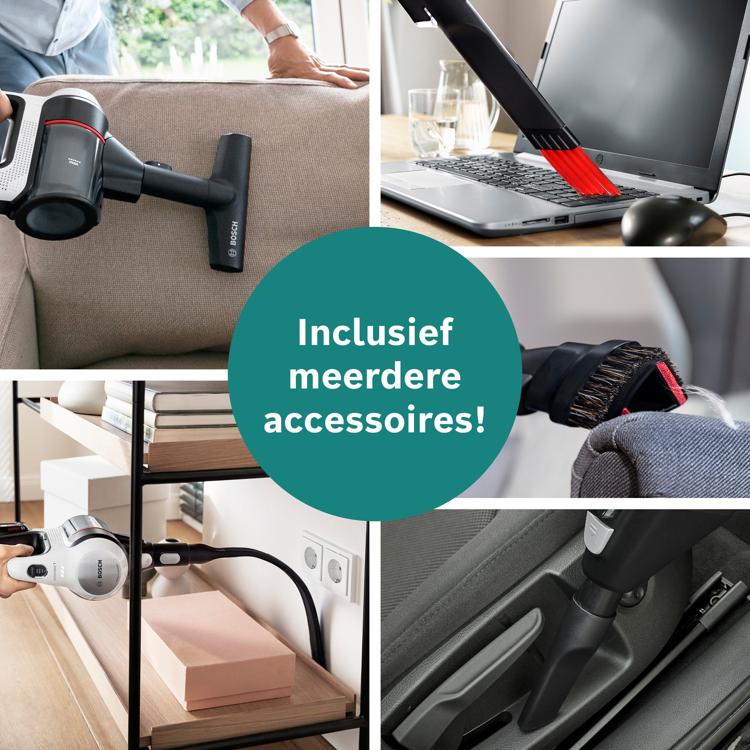 Collage toont Bosch stofzuigeraccessoires in gebruik: bank, laptop, plank, auto-interieur.