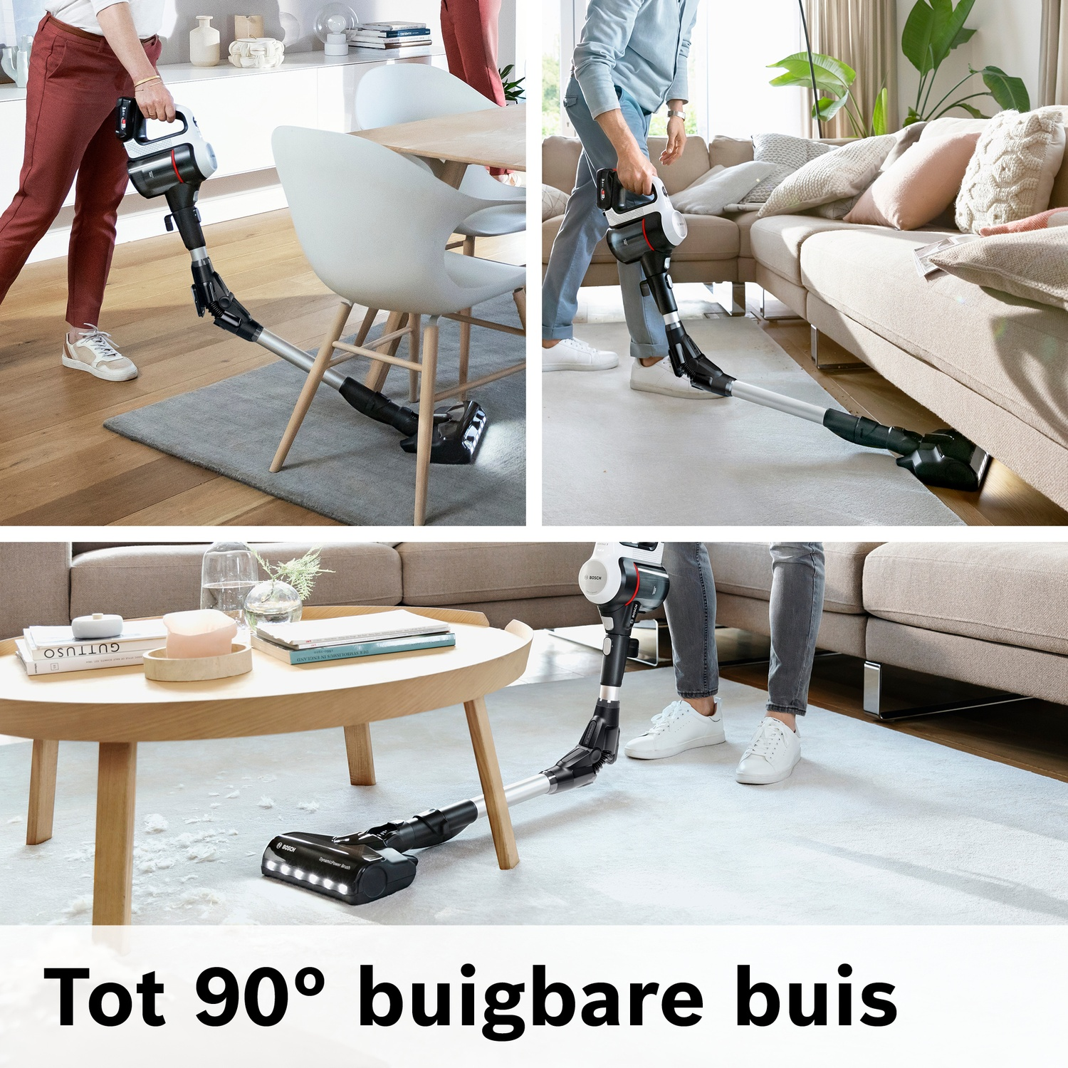 Een kruimeldief met flexibele slang reinigt onder een bank en tafel.