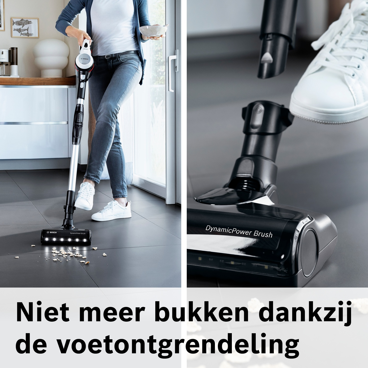 Een persoon stofzuigt kruimels op de vloer terwijl hij knoppen indrukt.