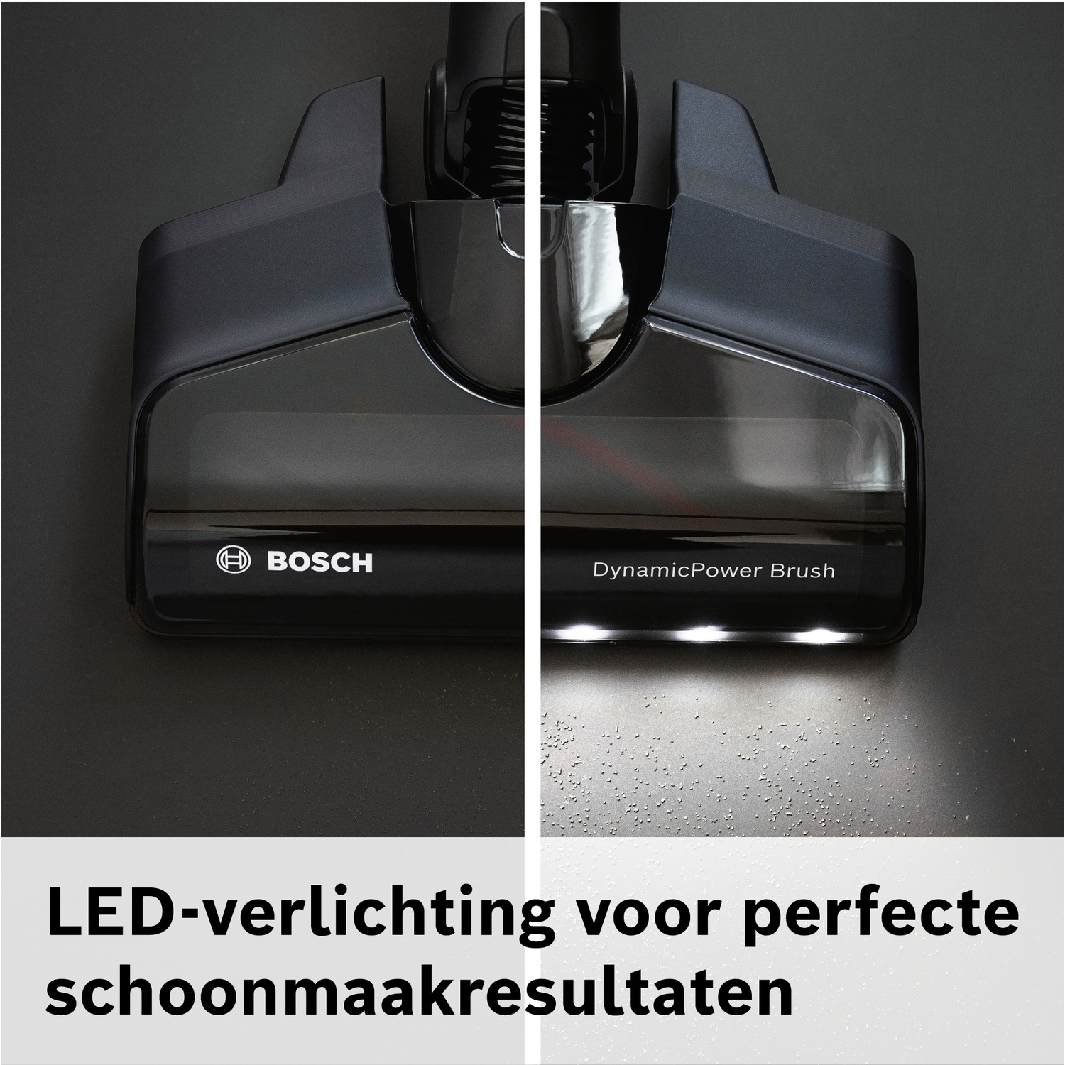 Donkere vloerzuigmond met Bosch-logo en LED's die stof op de vloer verlichten.