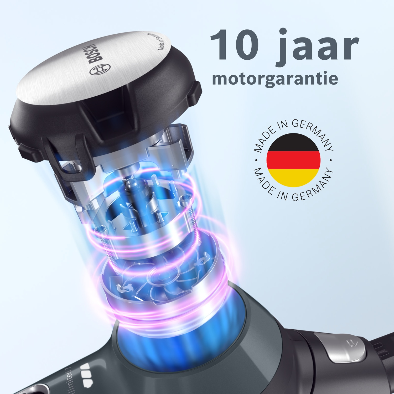 Bosch stofzuigeronderdeel met 10 jaar motorgarantie en Made in Germany zegel.