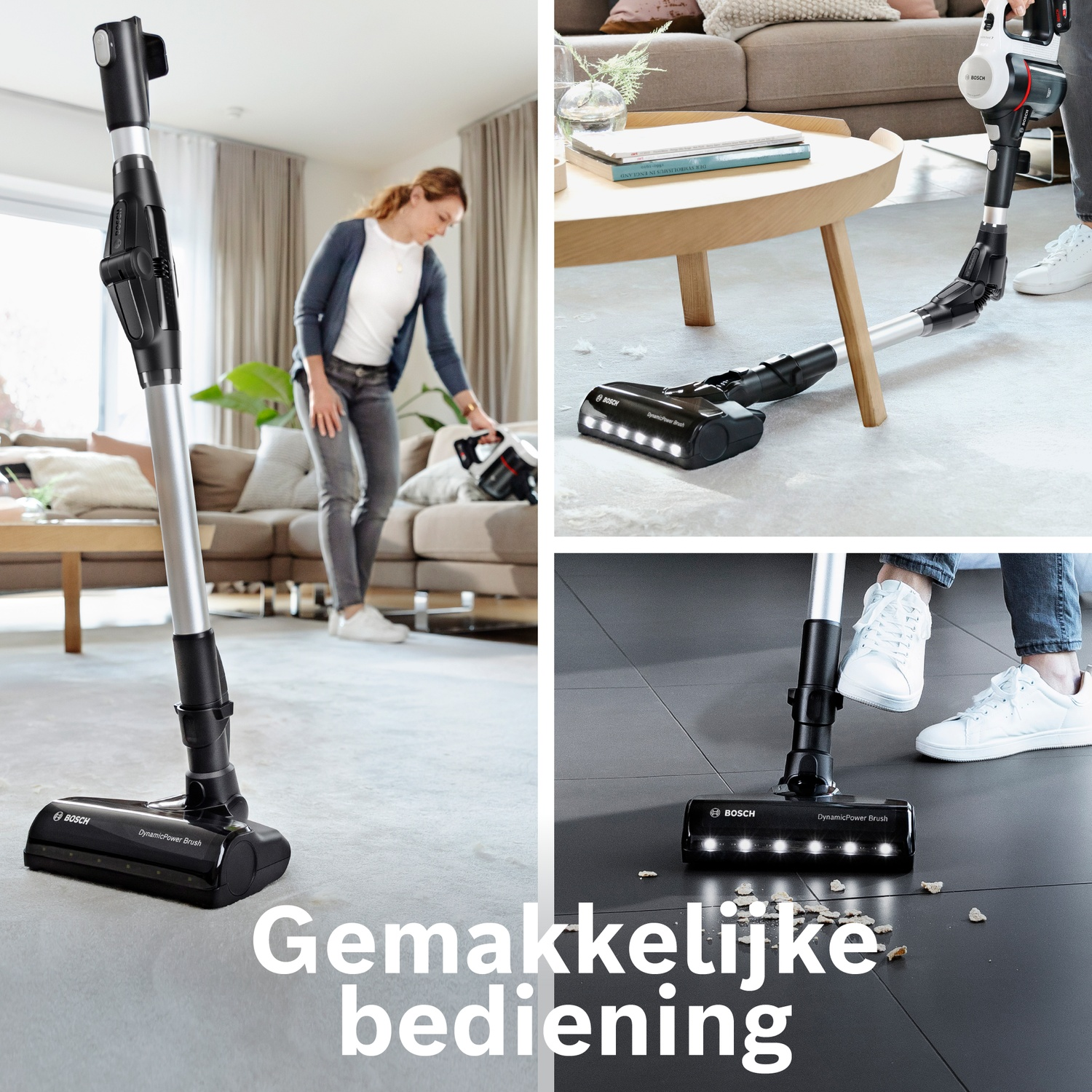 Een draadloze Bosch stofzuiger op tapijt en tegels.