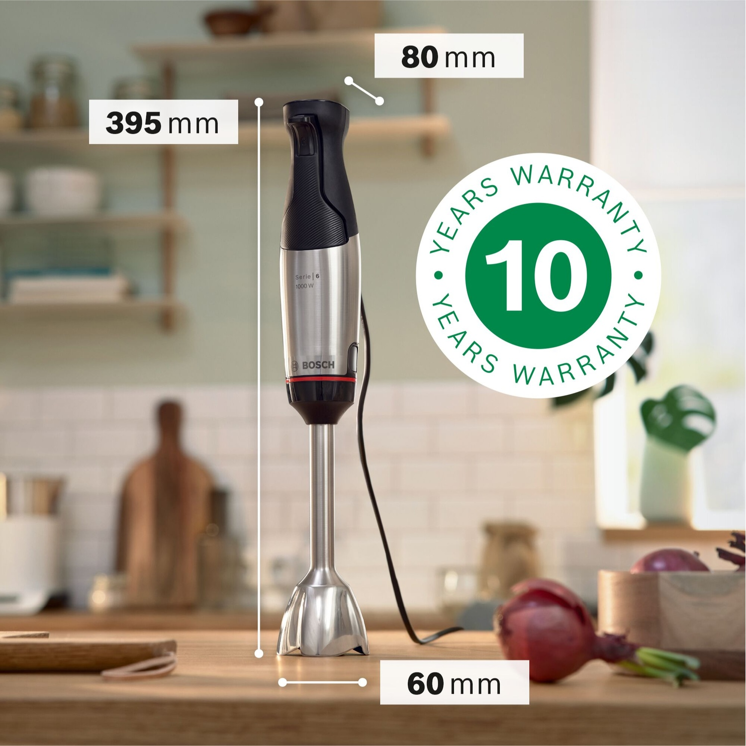 Bosch Serie 6 staafmixer: 395mm lang, 80mm breed, 60mm voet. 10 jaar garantie.