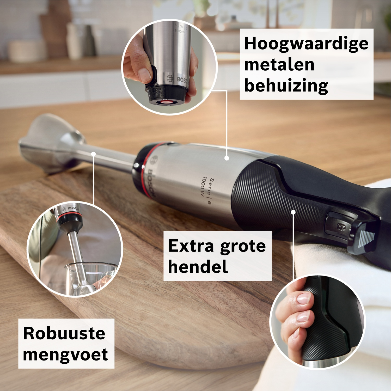 Hoogwaardige metalen behuizing, grote hendel en robuuste voet.