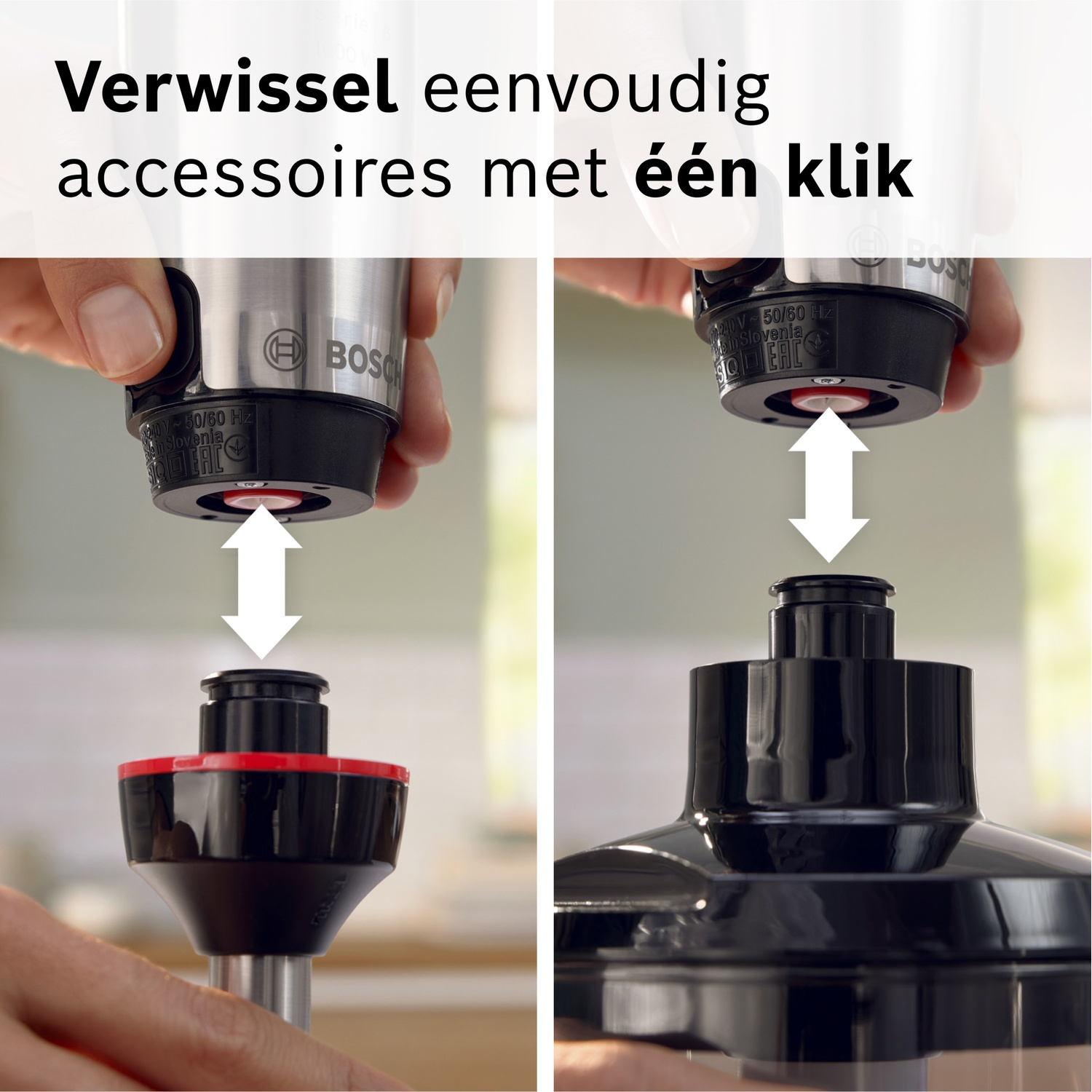 Bosch staafmixer: accessoires worden met één klik verwisseld.