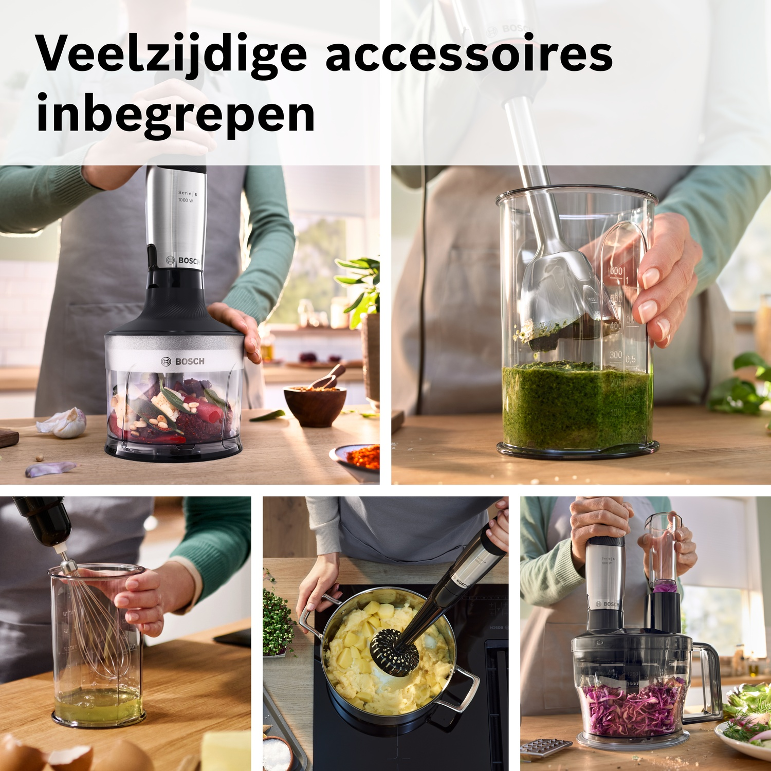 Close-up van een Bosch staafmixer met accessoires in actie, voedselbereiding.