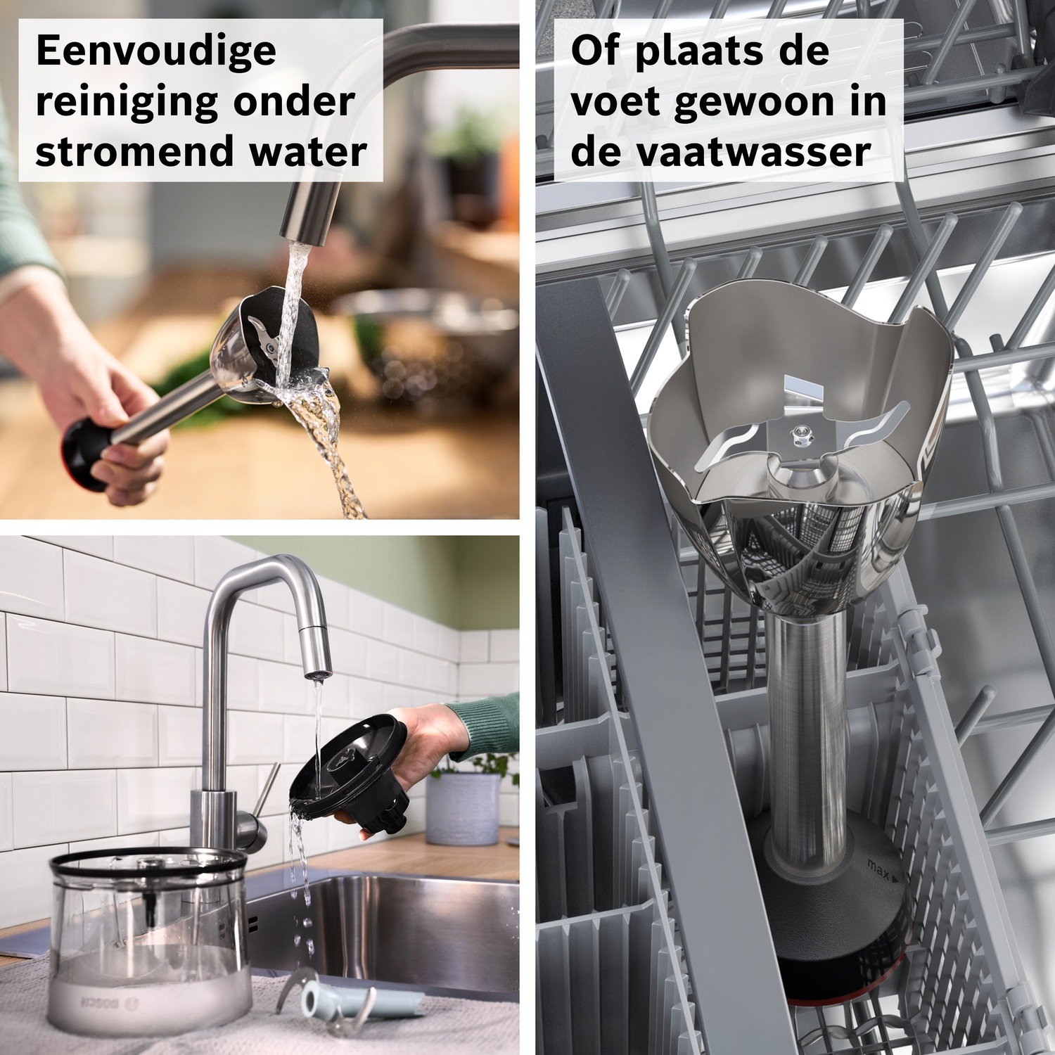 Een staafmixer wordt schoongemaakt onder stromend water en in een vaatwasser.
