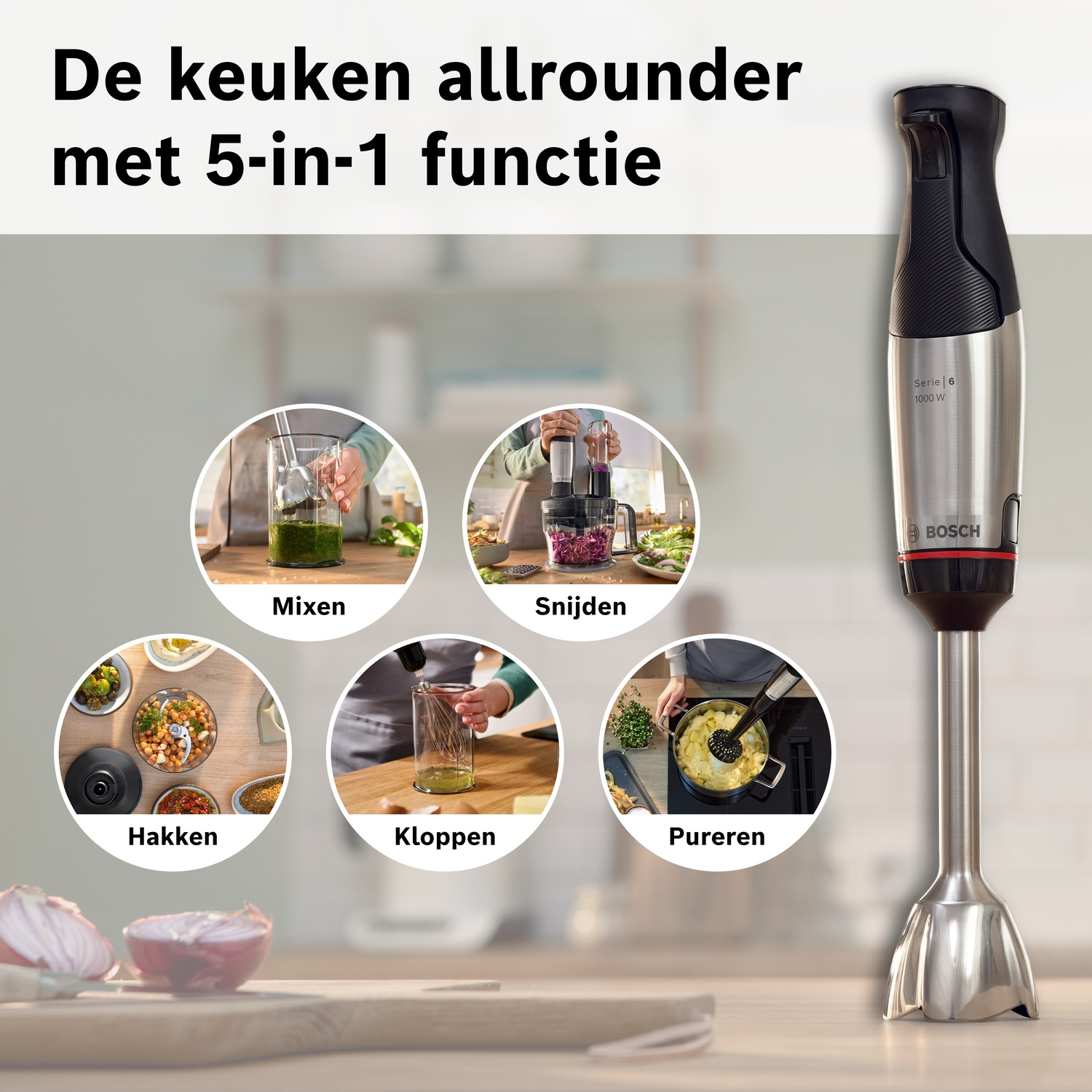 Een staafmixer met 5 functies: mixen, snijden, hakken, kloppen, pureren.
