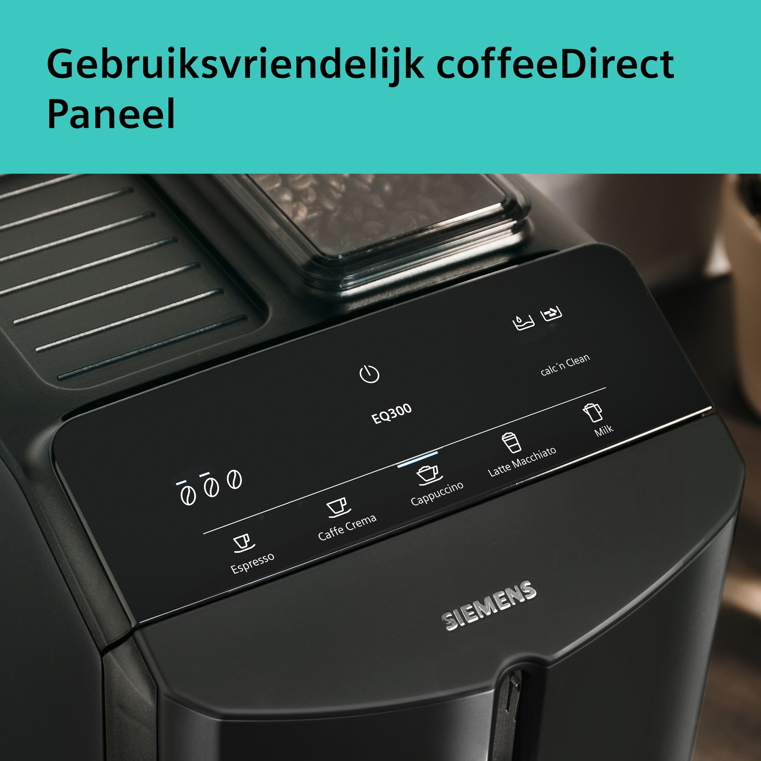 Bedieningspaneel van een Siemens EQ300 koffieapparaat met diverse opties.
