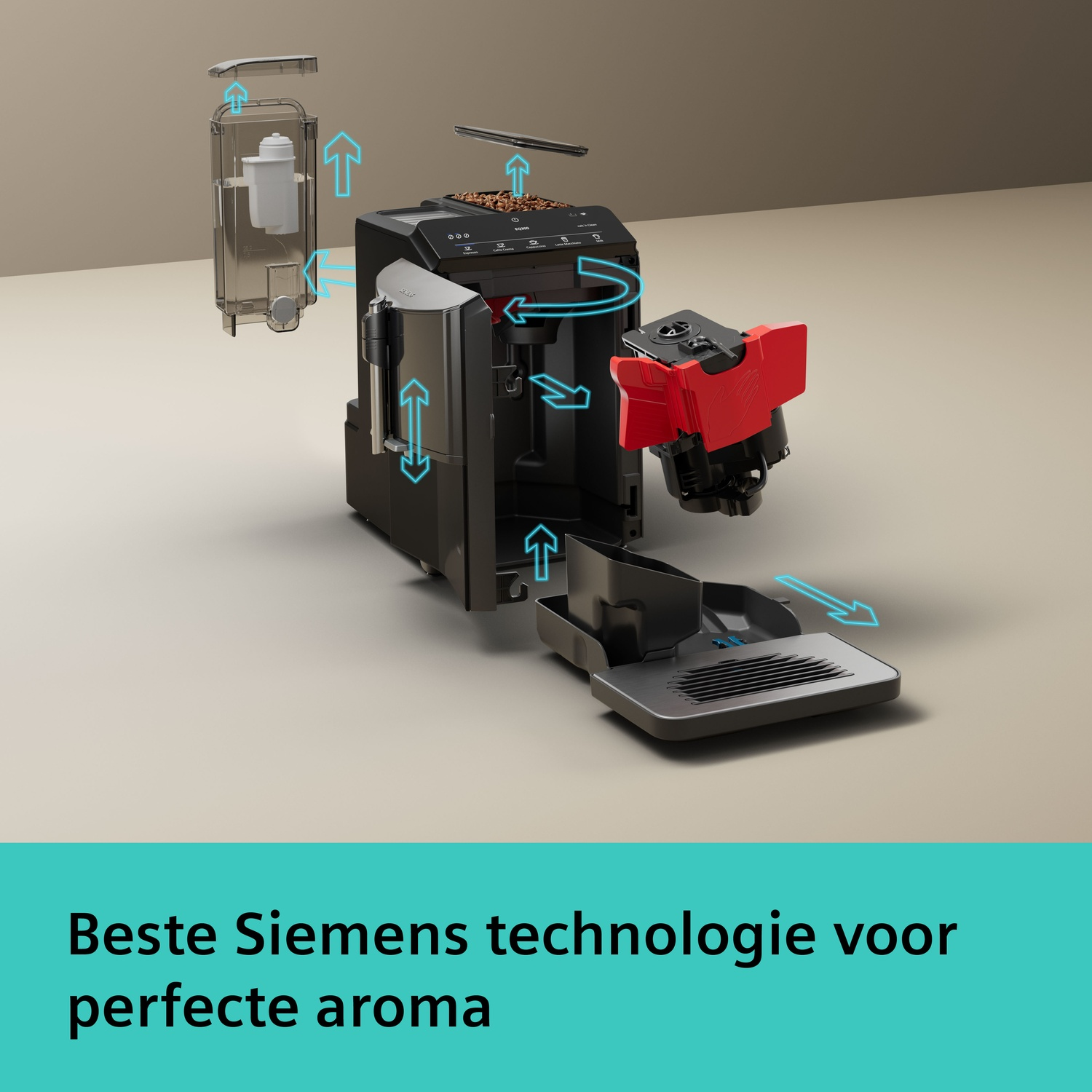 Exploded view van een koffiezetapparaat met pijlen die onderdelen aangeven.
