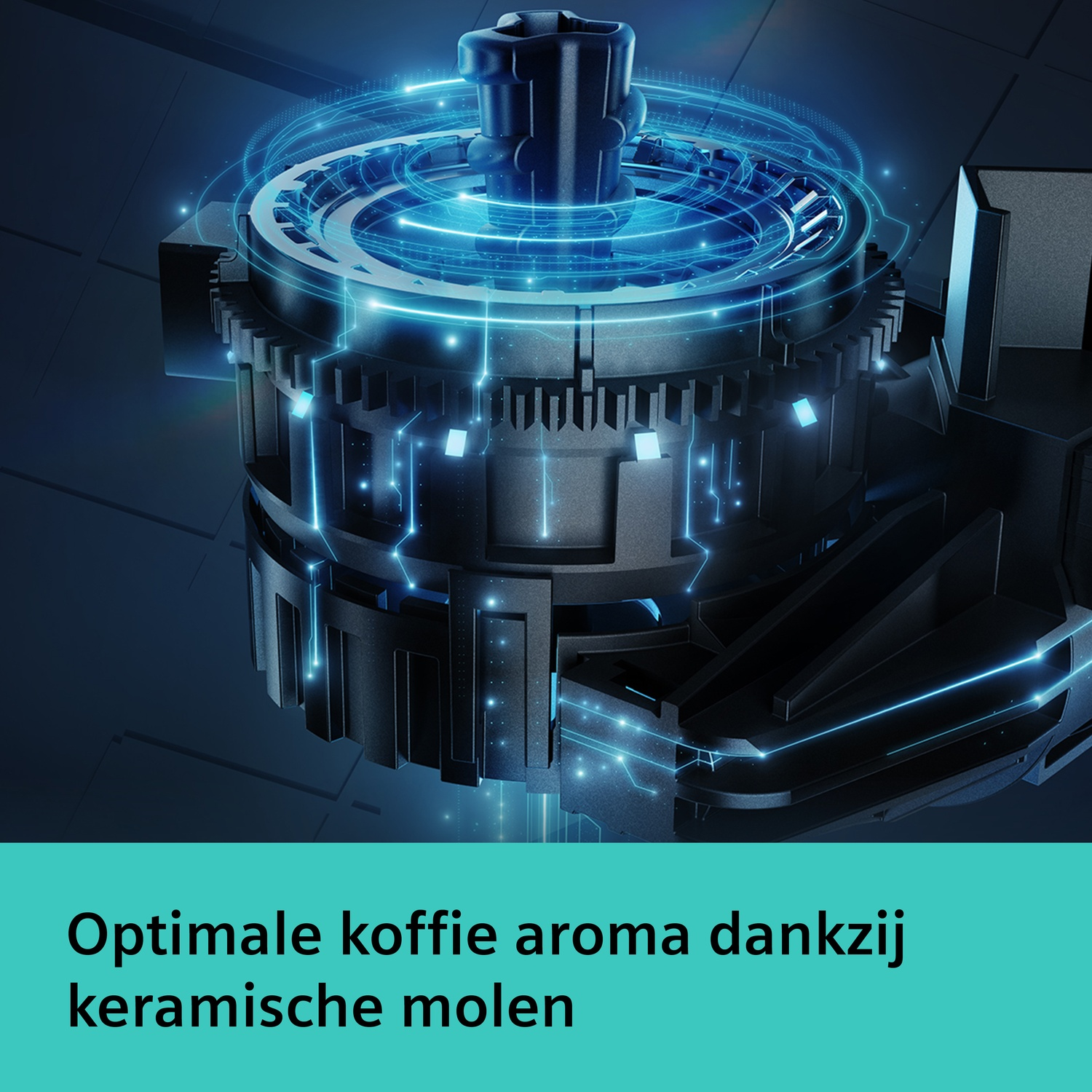 Een futuristische molen met blauwe lichten en tandwielen.