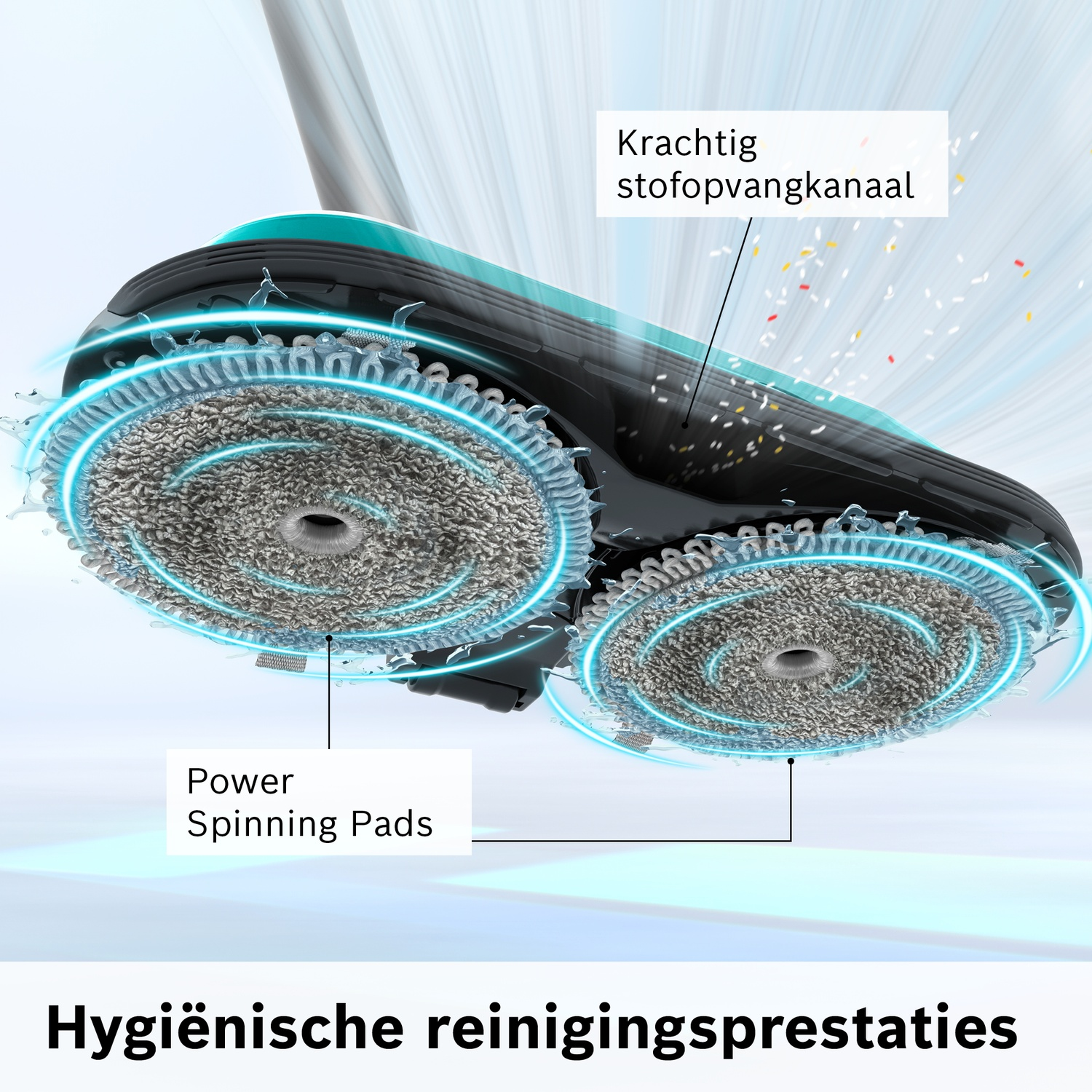 Reinigingsapparaat met twee draaiende pads en stofafzuiging.