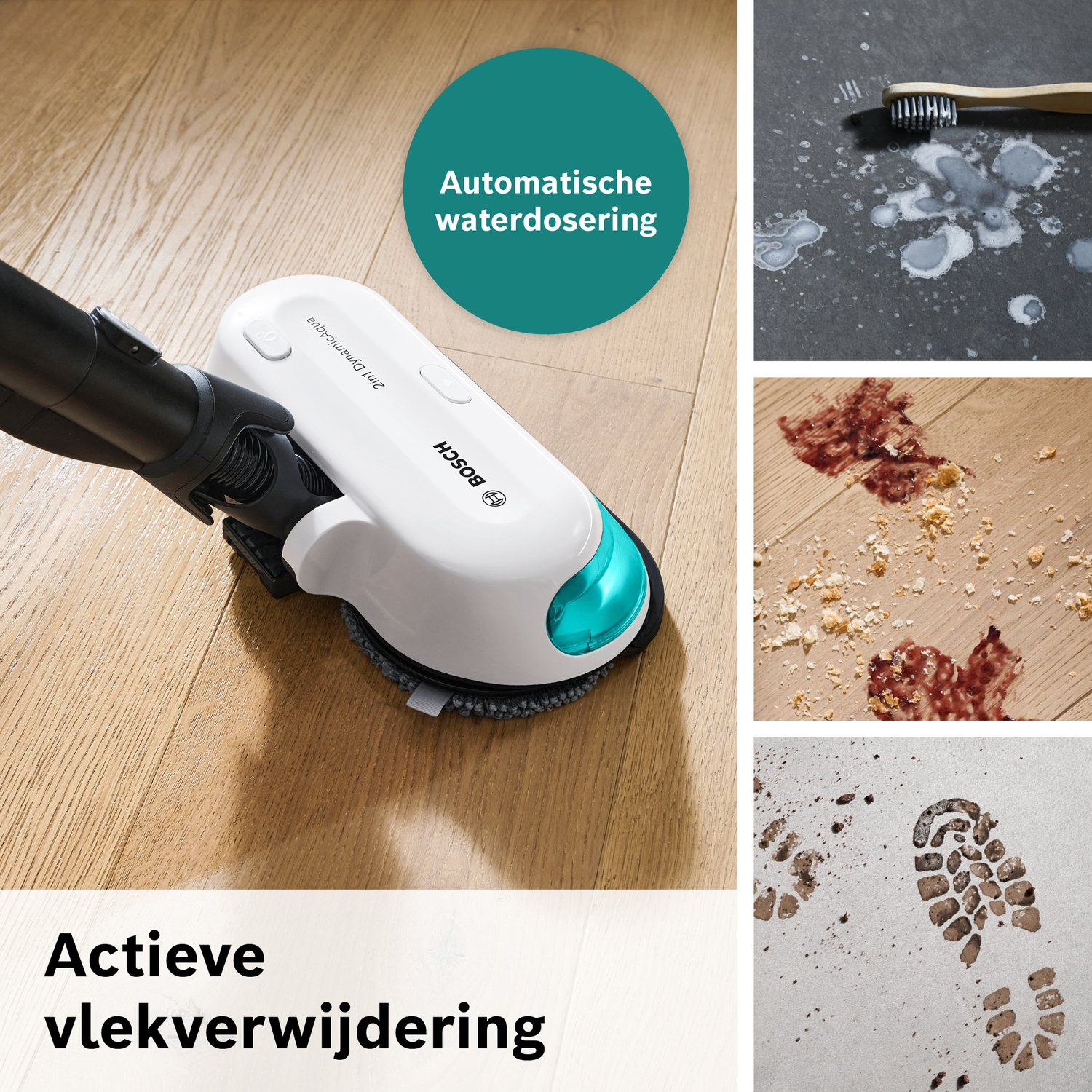 Vloerreiniger met automatische waterdosering reinigt vlekken op hout, steen en beton.