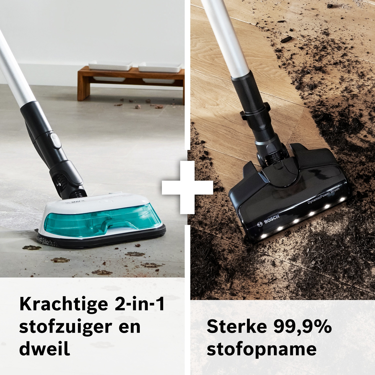 Twee stofzuigerkoppen: één reinigt tegels, de andere zuigt vuil op parket.