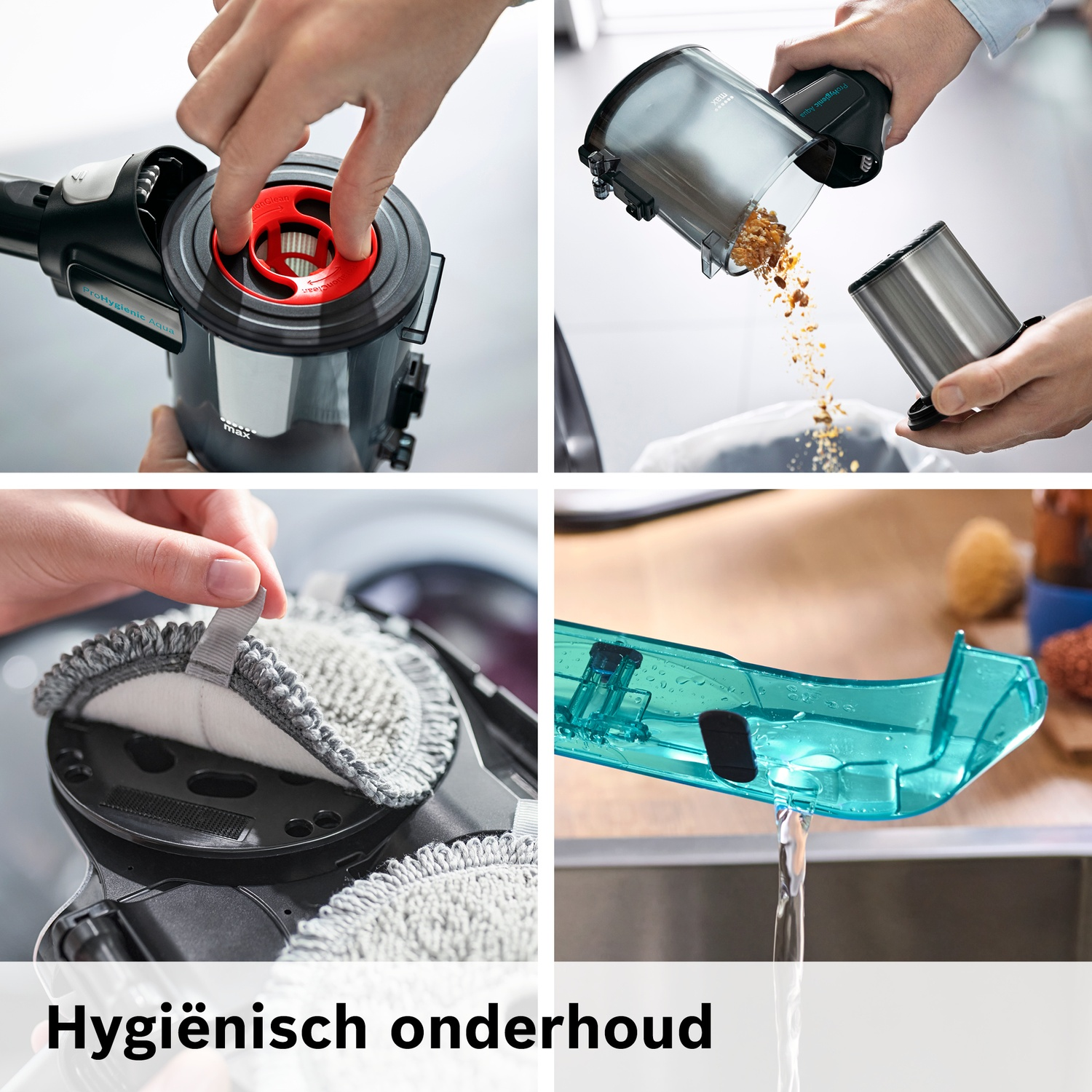 Vier beelden tonen onderhoud stofzuiger: filter, stofbak legen, pad reinigen, spoelen.