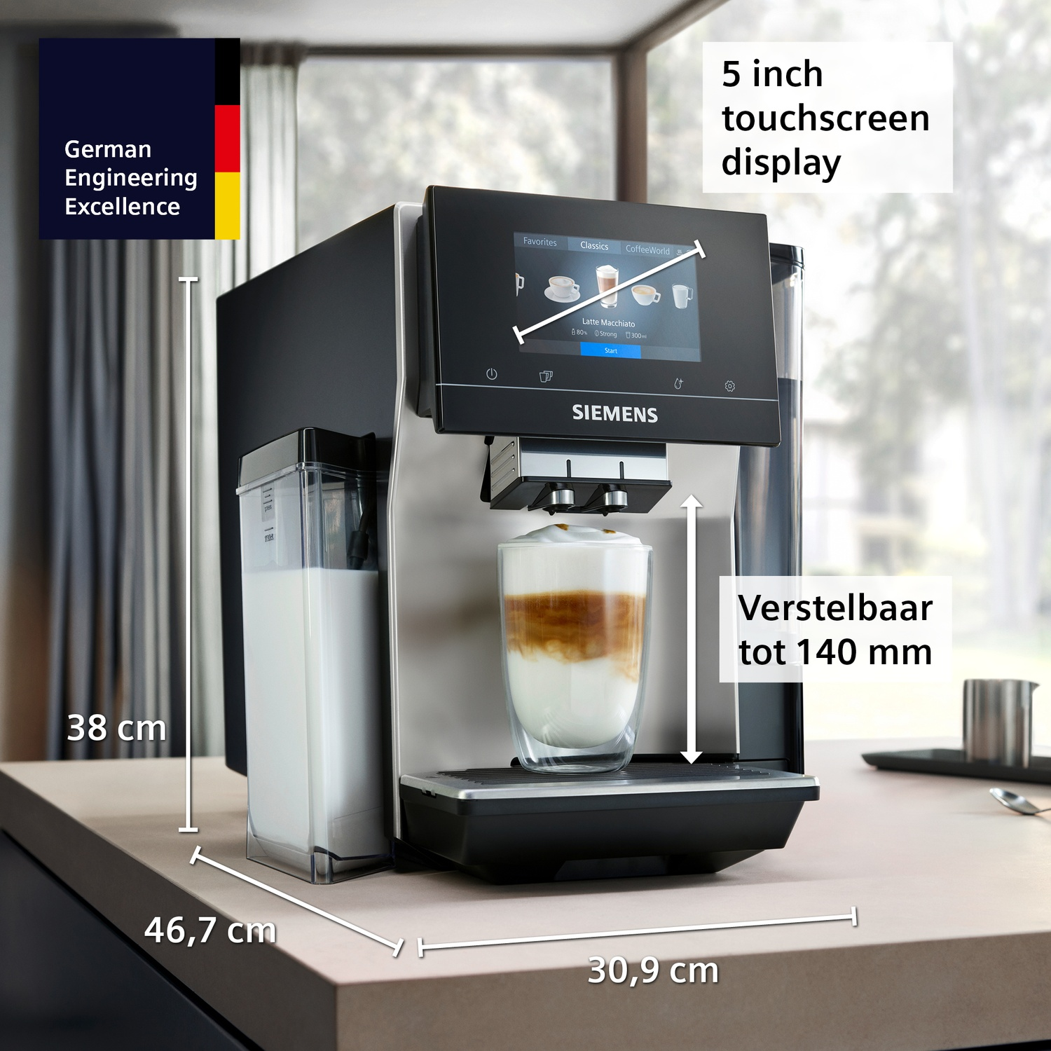 Siemens koffieapparaat met 5-inch touchscreen, melkreservoir en latte macchiato.