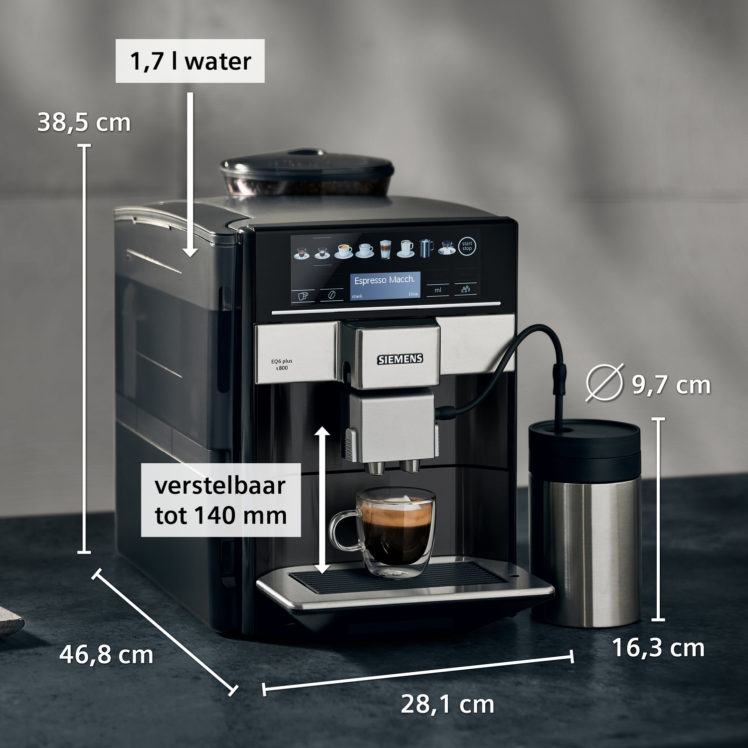 Siemens volautomatische koffiemachine met 1,7l waterreservoir en 38,5cm hoogte.