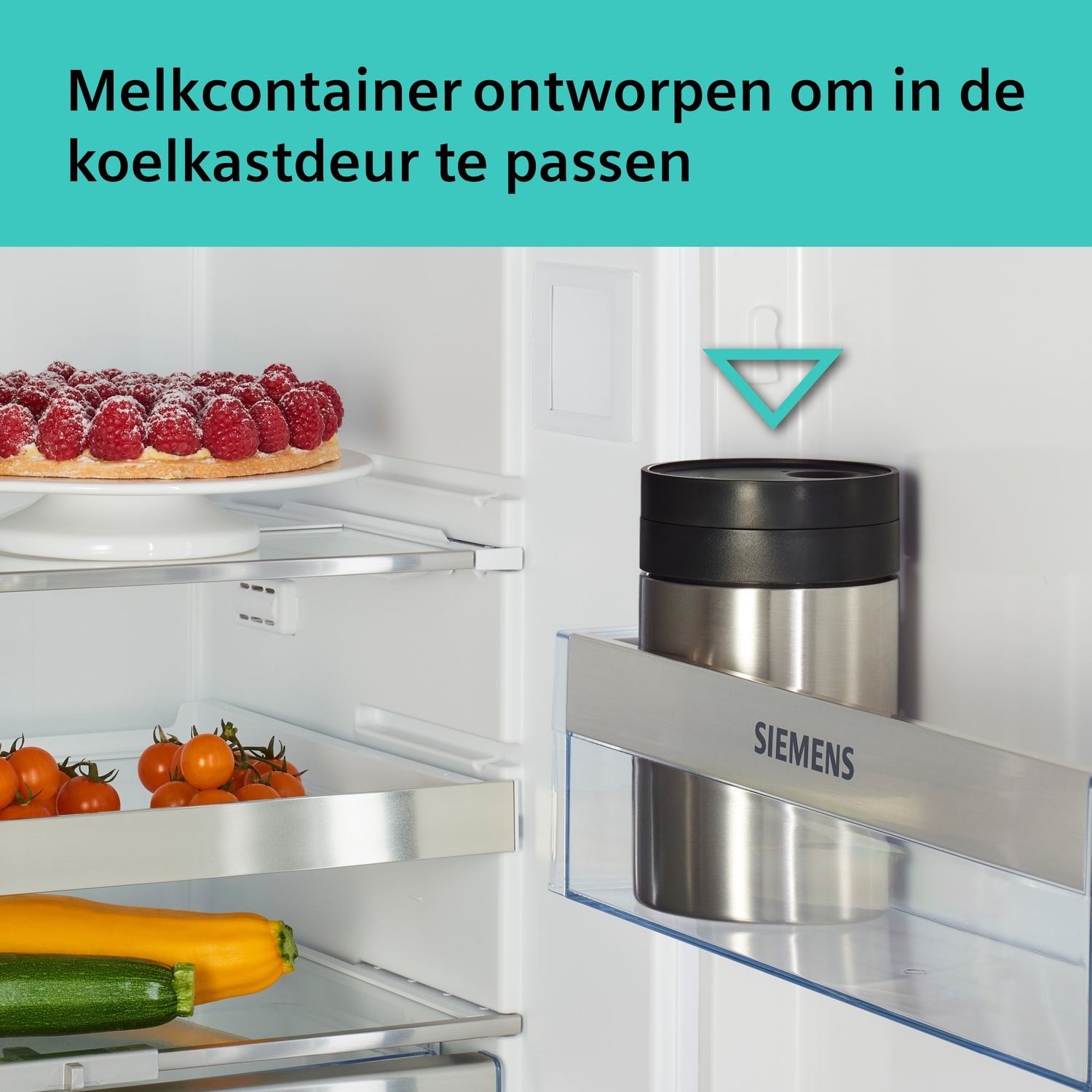Melkcontainer ontworpen voor de koelkastdeur. Met taart, bessen, tomaten, courgette.