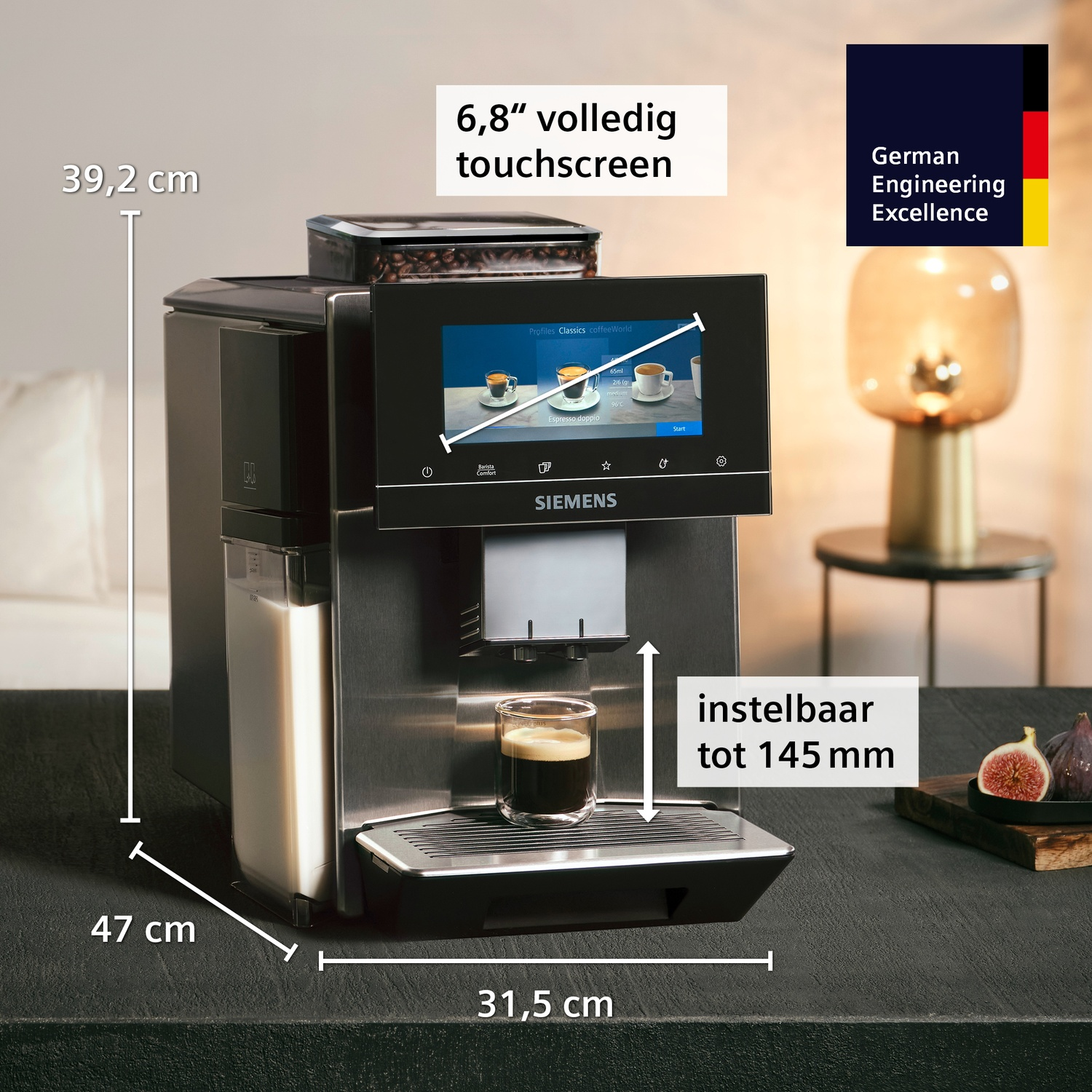 Siemens koffie machine met 6.8" touchscreen, 39.2cm hoog, 47cm diep.