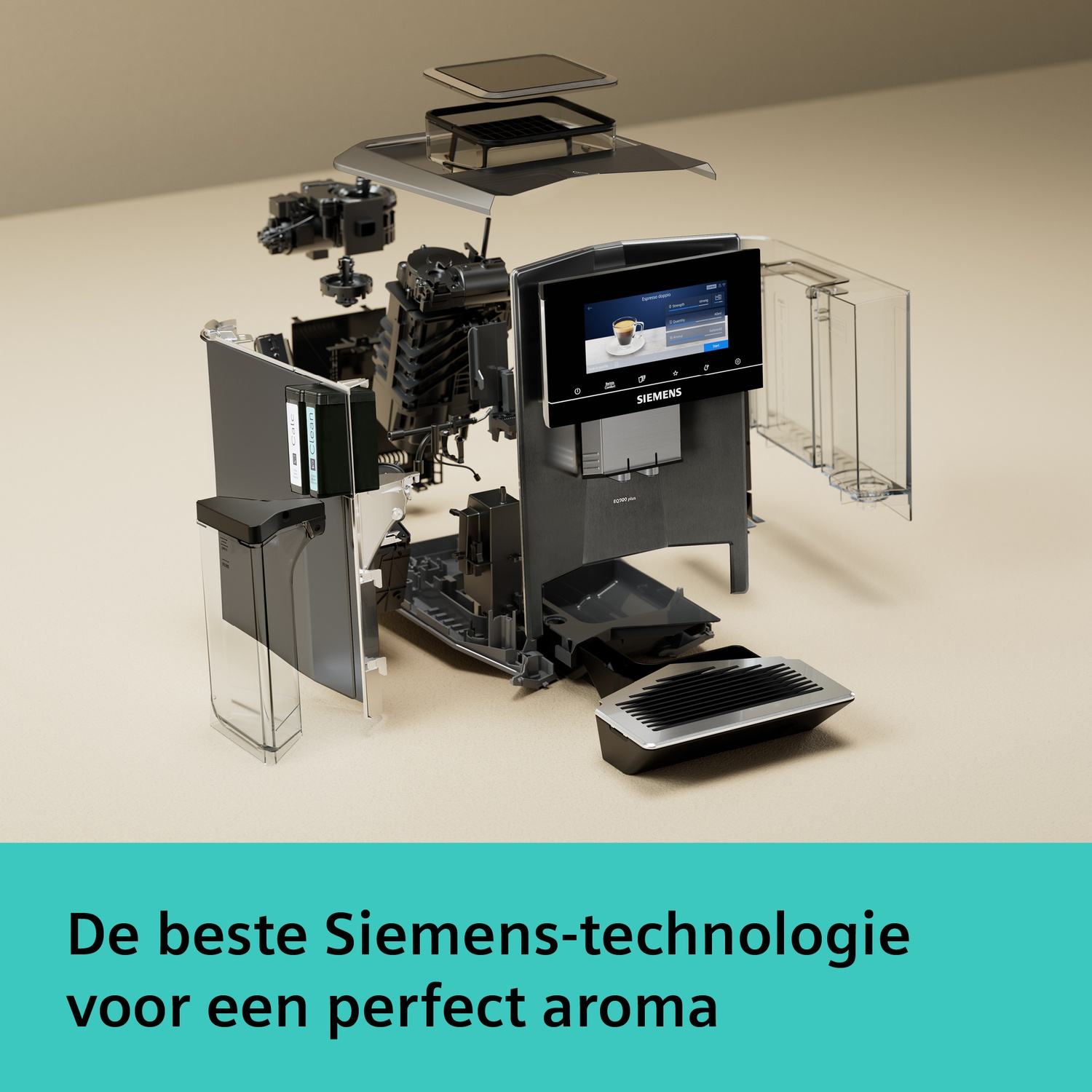 Explosie weergave van een Siemens koffiezetapparaat met gedetailleerde interne onderdelen.