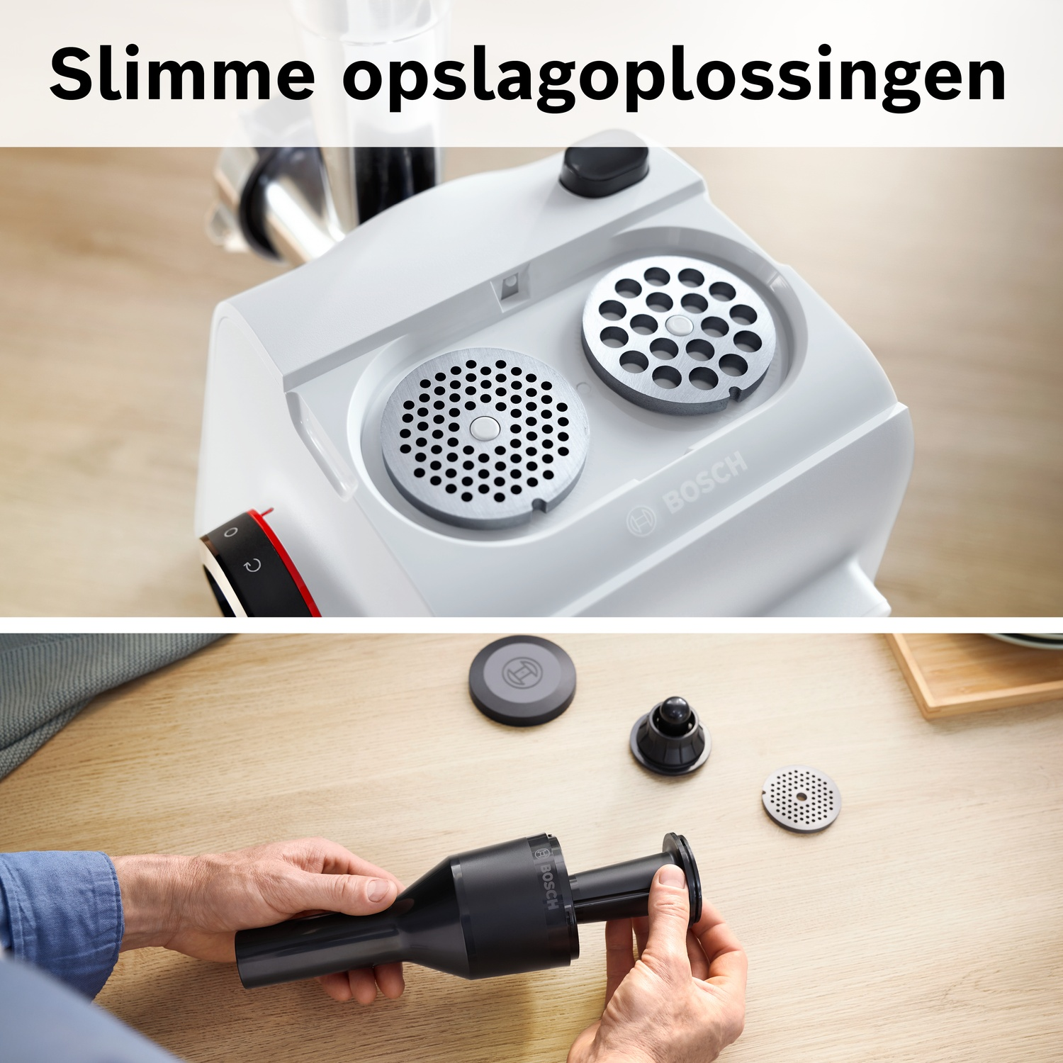 Een witte Bosch vleesmolen met accessoires op een houten tafel.