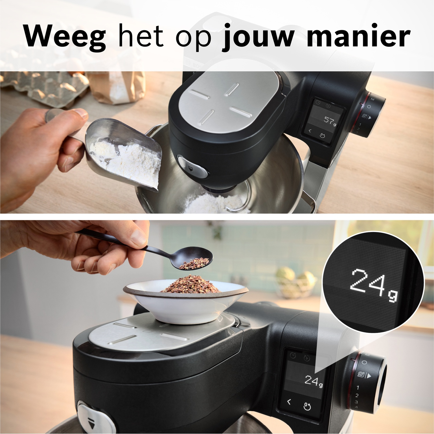 Keukenmixer met ingebouwde weegschaal. Bloem wordt afgewogen, dan worden zaden toegevoegd.