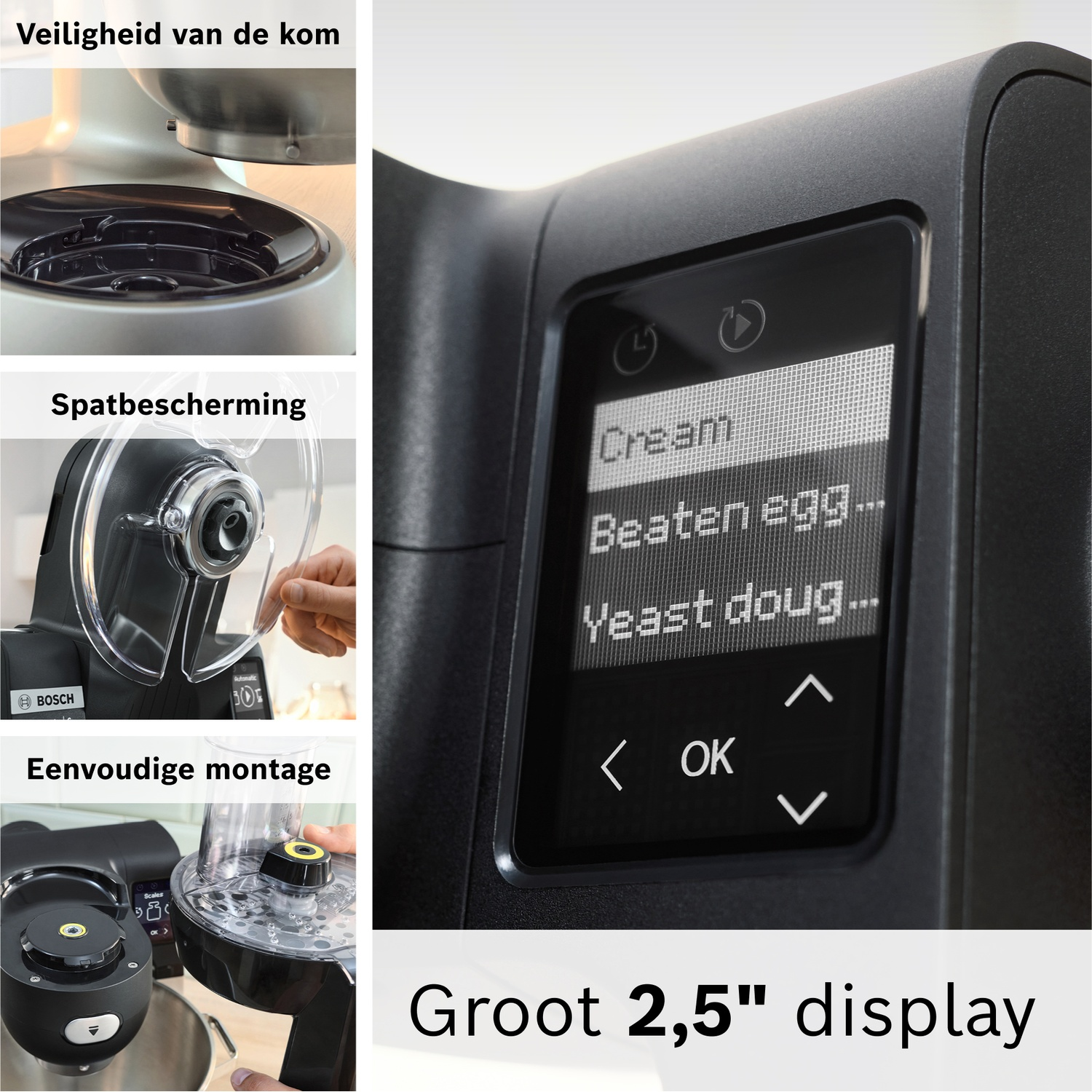 Keukenmachine met 2,5" display dat programma's toont zoals Room, Eieren kloppen, Deeg maken.