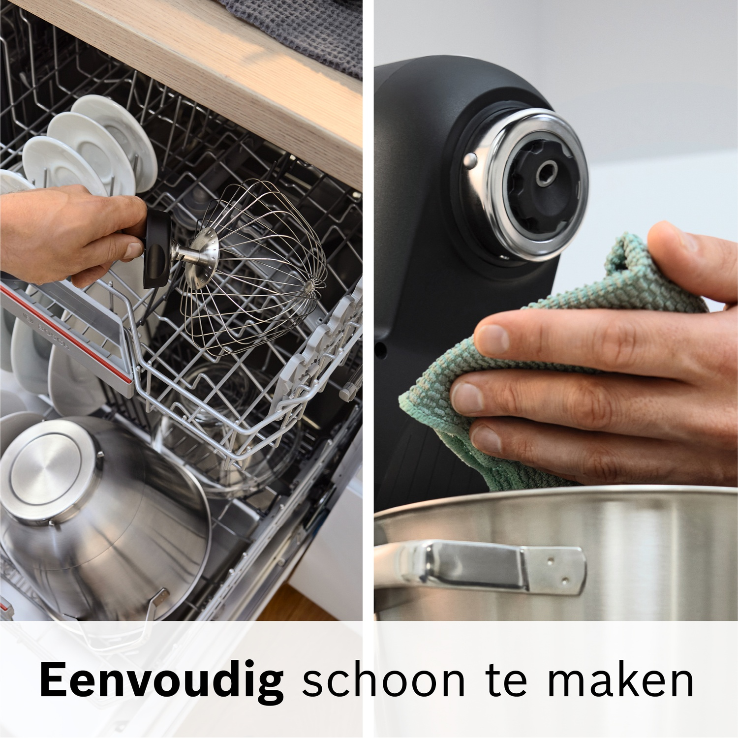 Een vaatwasser inladen en een keukenapparaat afnemen met een doek.