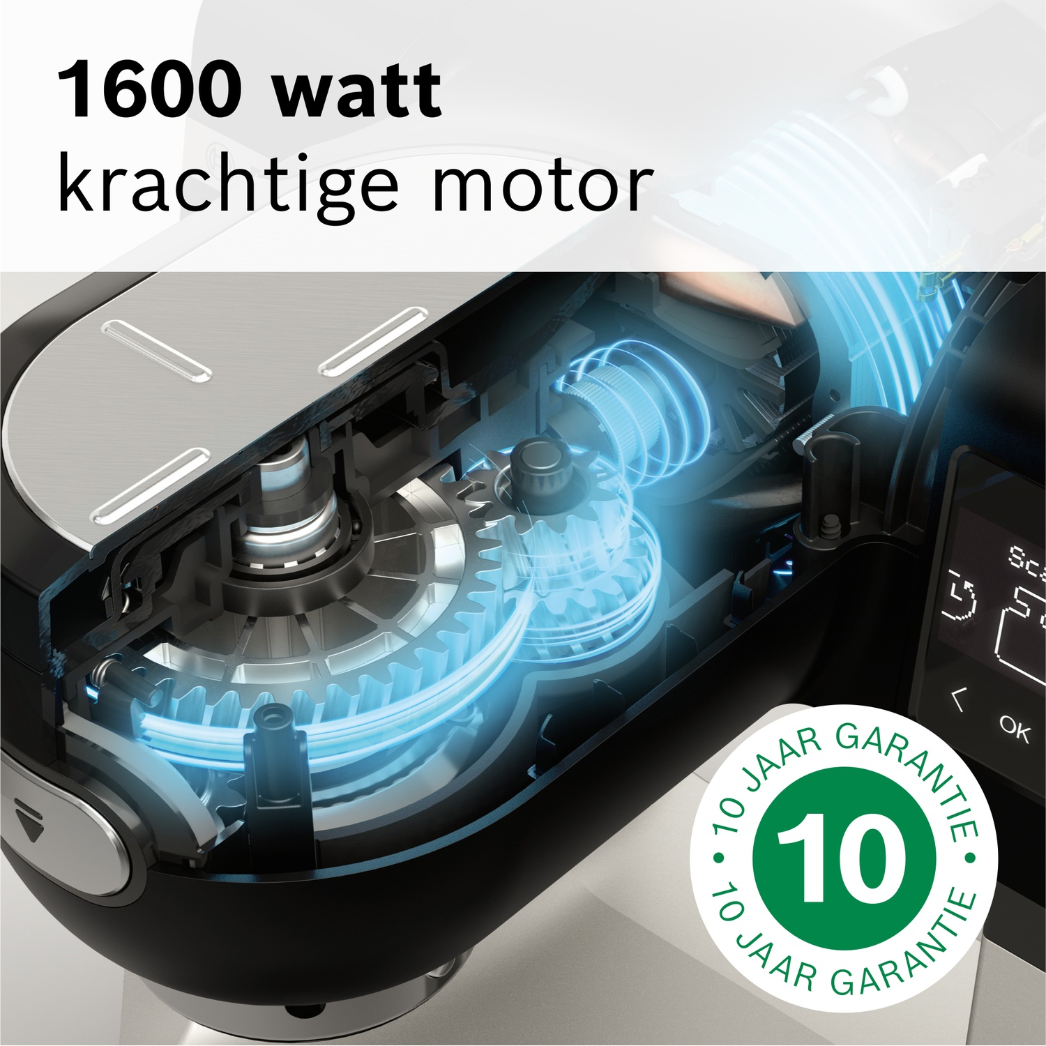 Gedetailleerd aanzicht van een motor met tandwielen, 1600 watt, 10 jaar garantie.