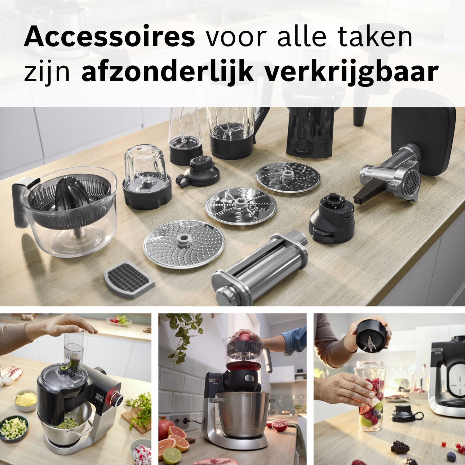 Keukenmachine accessoires: citruspers, gehaktmolen, pastamaker & blender.