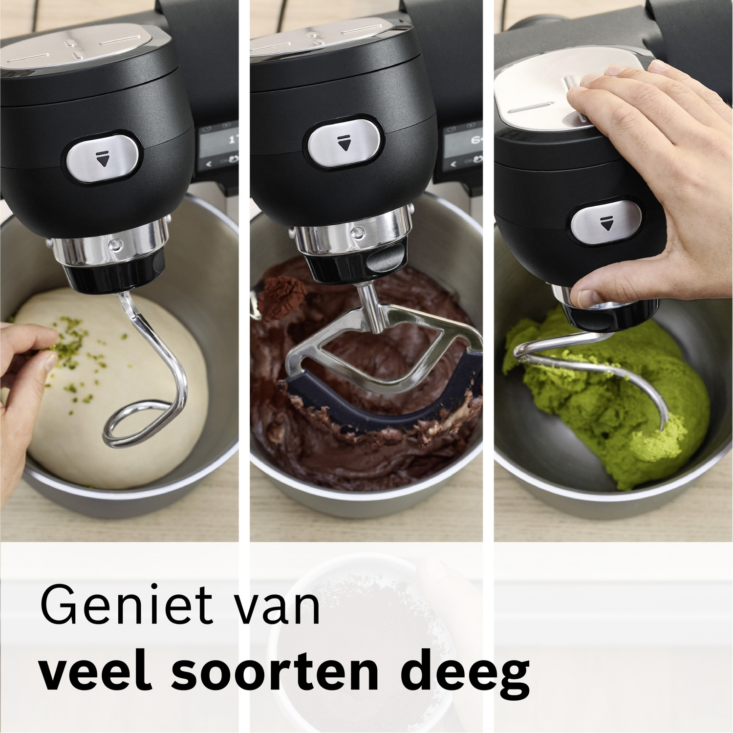 Standmixer met deeg: licht deeg, chocoladedeeg, groen deeg.