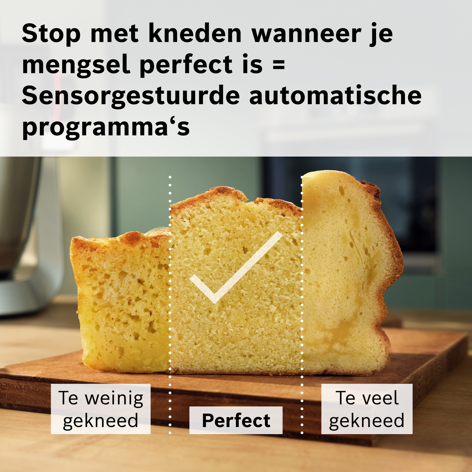 Drie cakeplakken: te weinig, perfect, te veel gekneed. Met sensorprogramma's.